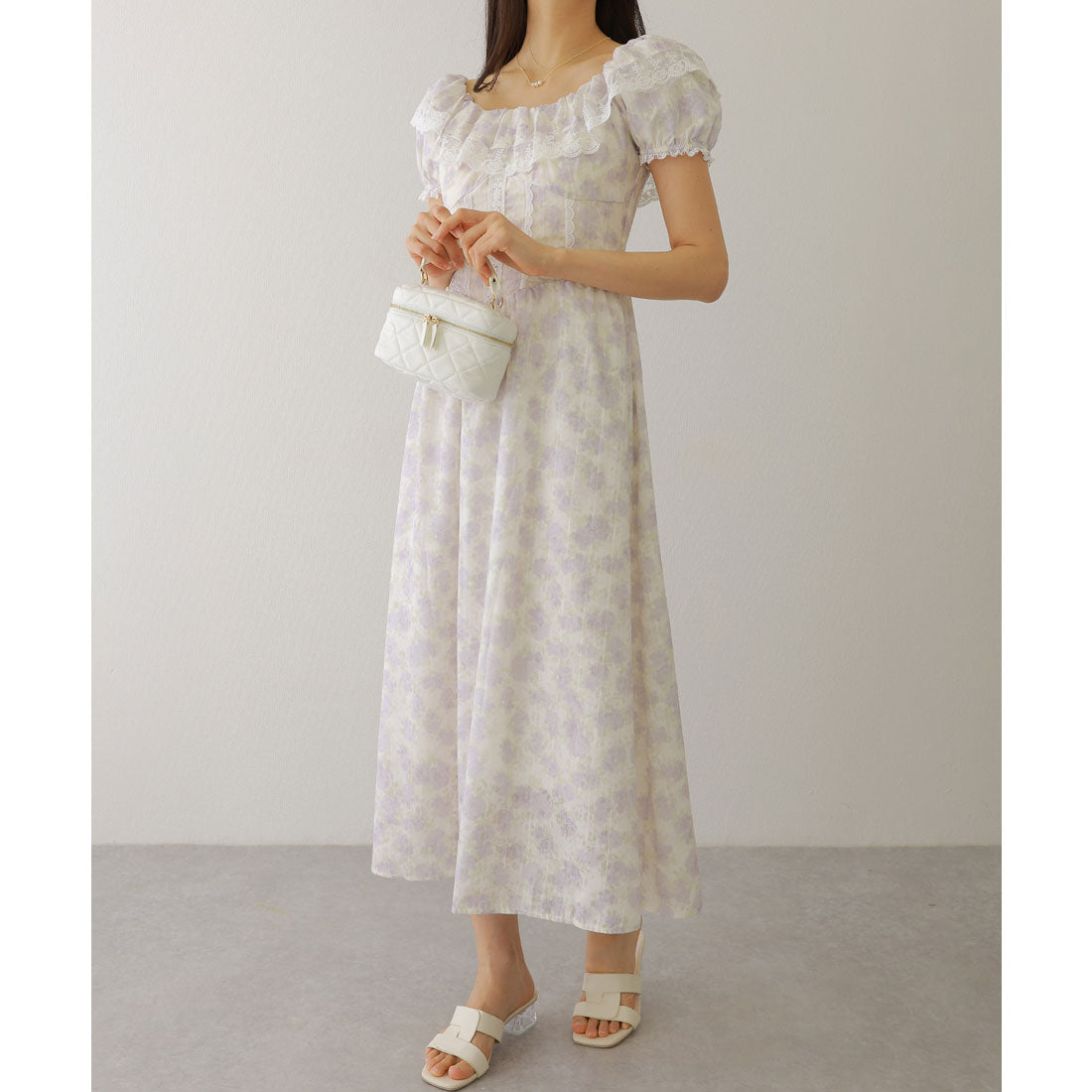 レースレディース Lace Ladies シアー フリル カラー 花柄 ロング ワンピース （ラベンダー） ラベンダー