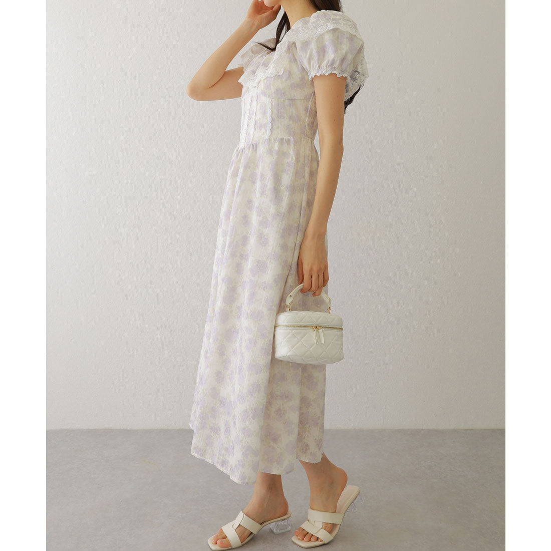 レースレディース Lace Ladies シアー フリル カラー 花柄 ロング ワンピース （ラベンダー） ラベンダー