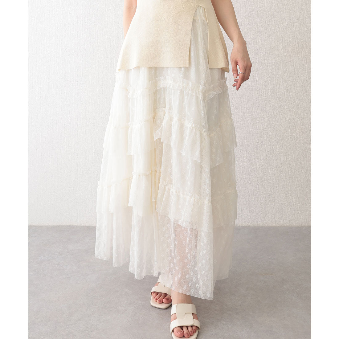 レースレディース Lace Ladies 総レース ティアード フリル マキシ スカート （アイボリー） アイボリー