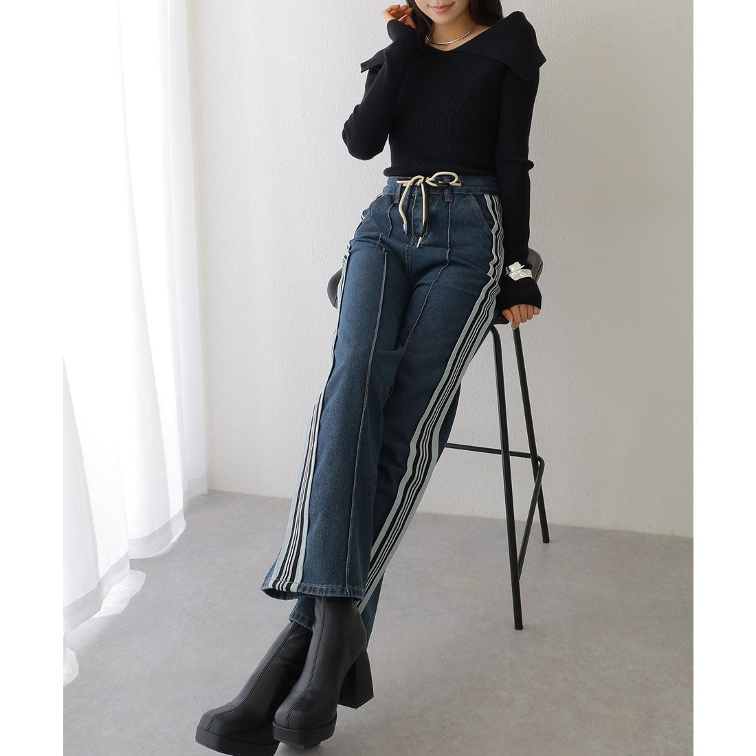 レースレディース Lace Ladies 配色 ライン センターシーム ストレート デニムパンツ （ネイビー） ネイビー