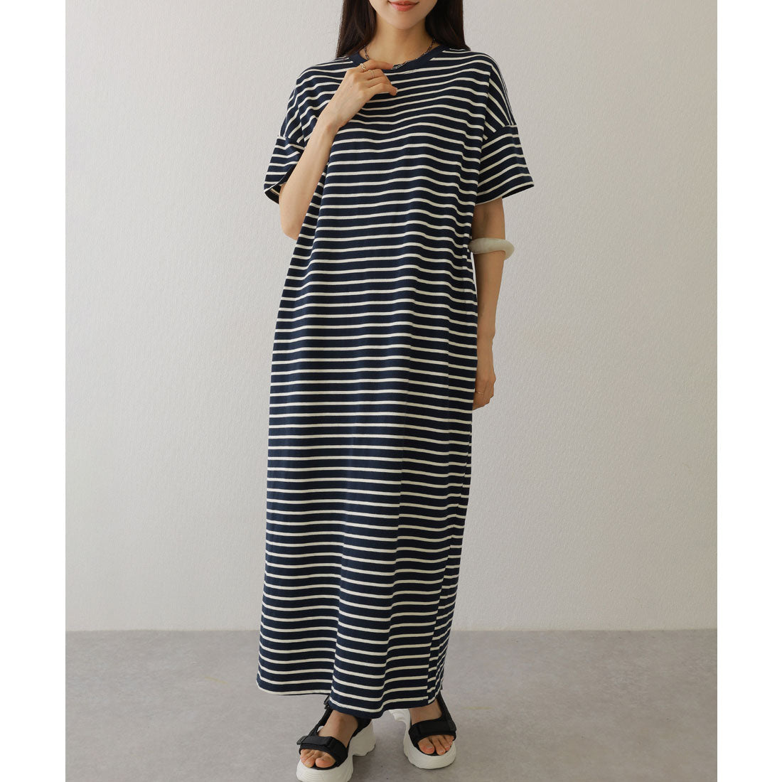 レースレディース Lace Ladies クルーネック 配色 ボーダー マキシ ワンピース （ネイビー） ネイビー