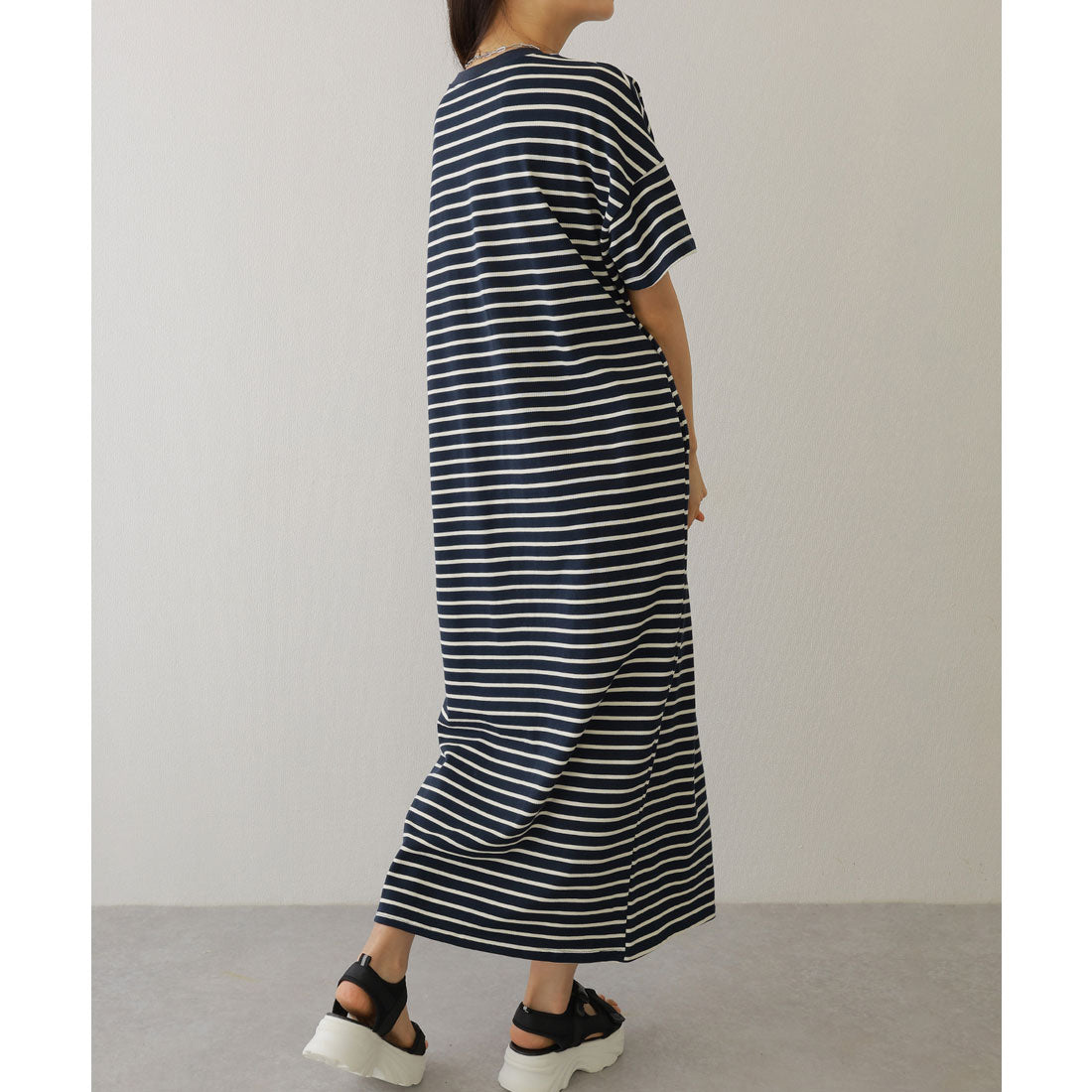 レースレディース Lace Ladies クルーネック 配色 ボーダー マキシ ワンピース （ネイビー） ネイビー
