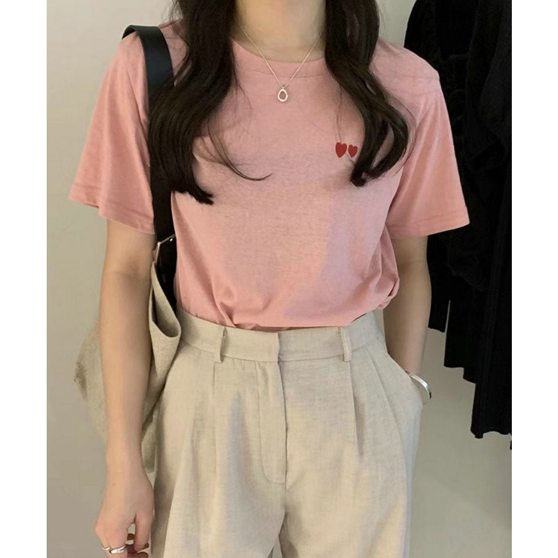 レースレディース Lace Ladies ハート 刺繍 クルーネック 半袖 Tシャツ （ピンク） ピンク