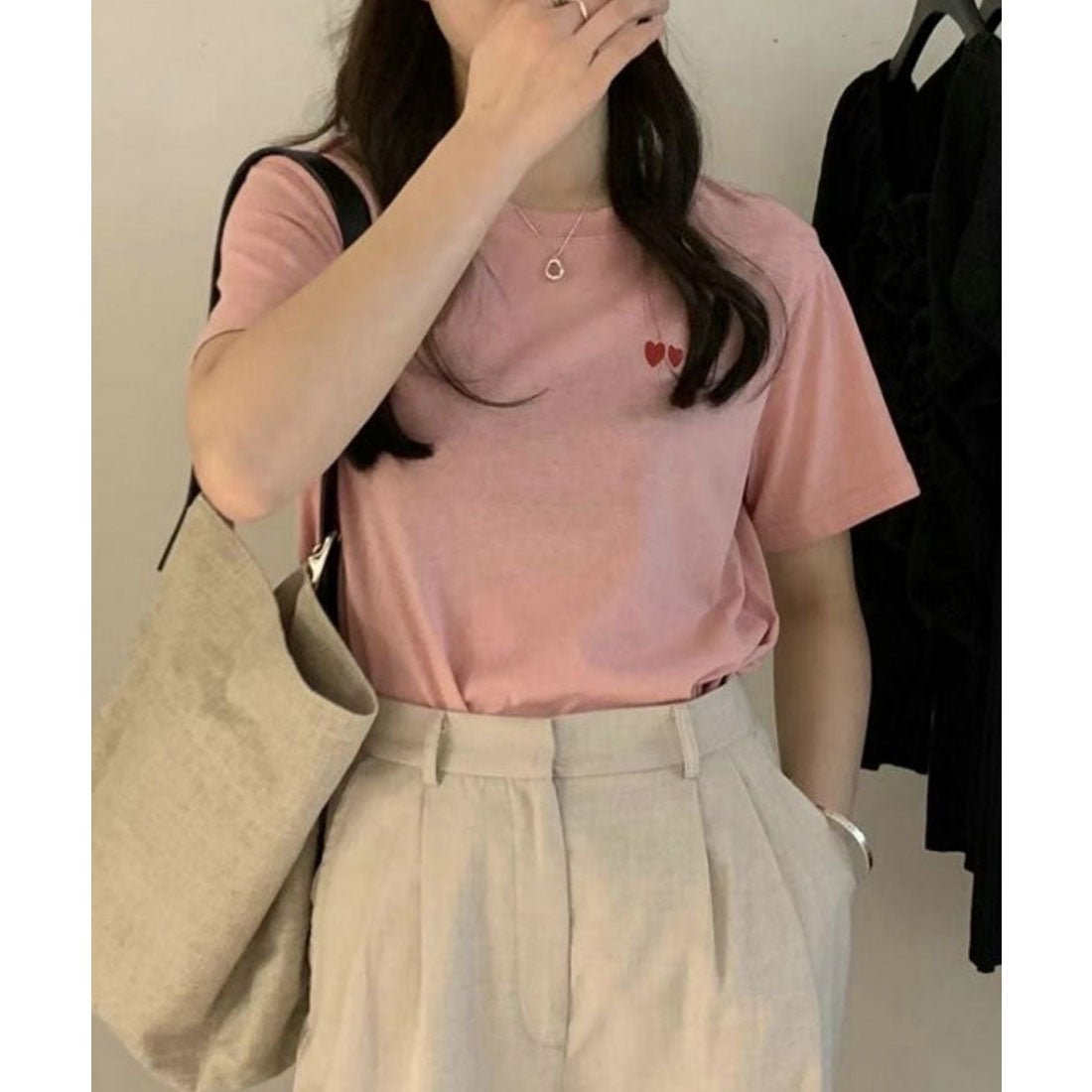 レースレディース Lace Ladies ハート 刺繍 クルーネック 半袖 Tシャツ （ピンク） ピンク