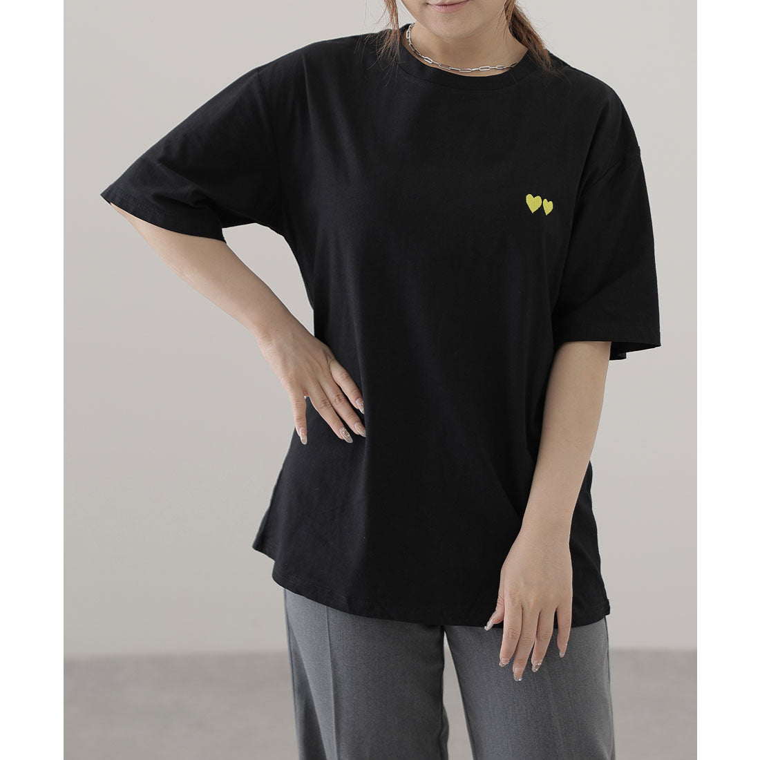 レースレディース Lace Ladies ハート 刺繍 クルーネック 半袖 Tシャツ （ブラック） ブラック