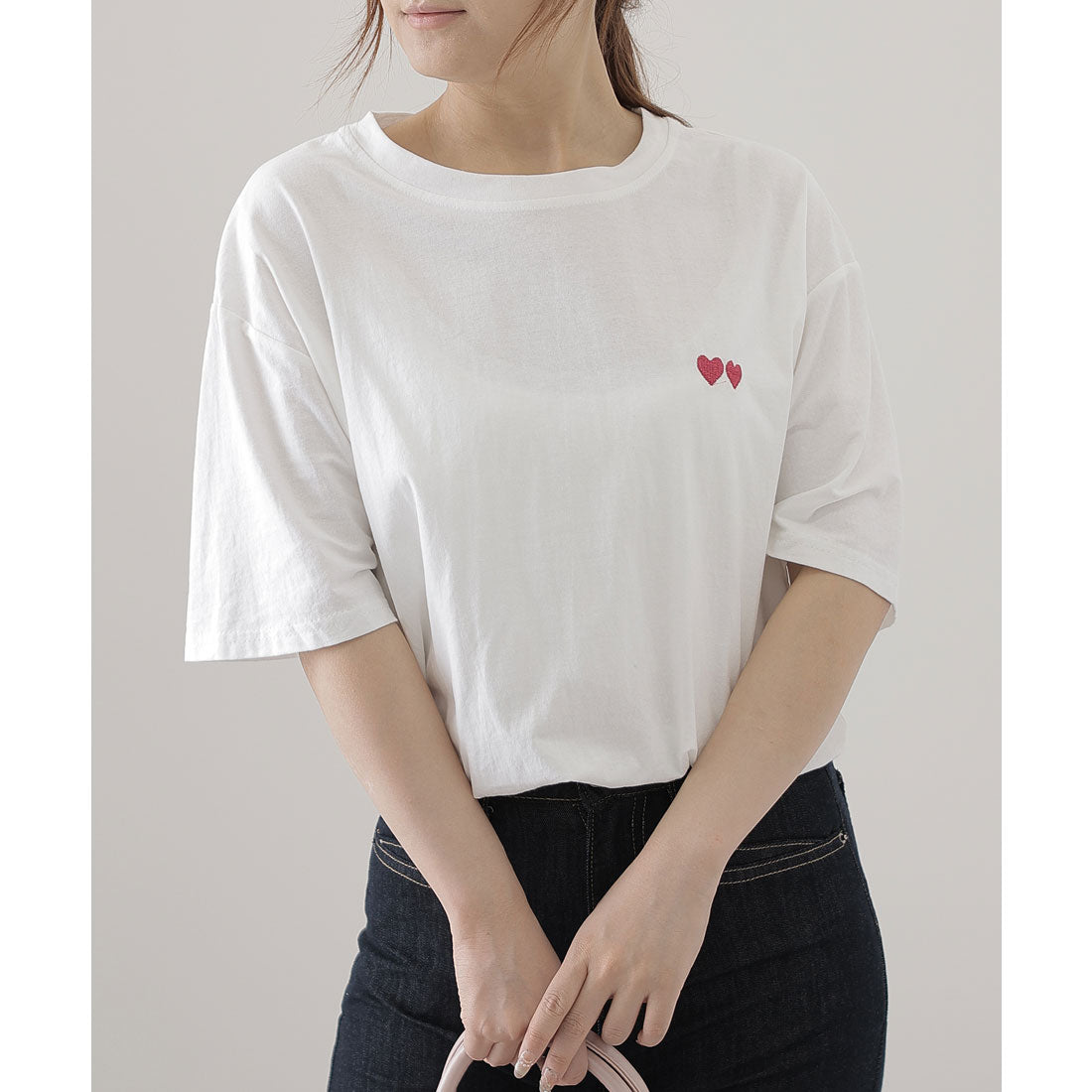 レースレディース Lace Ladies ハート 刺繍 クルーネック 半袖 Tシャツ （ホワイト） ホワイト
