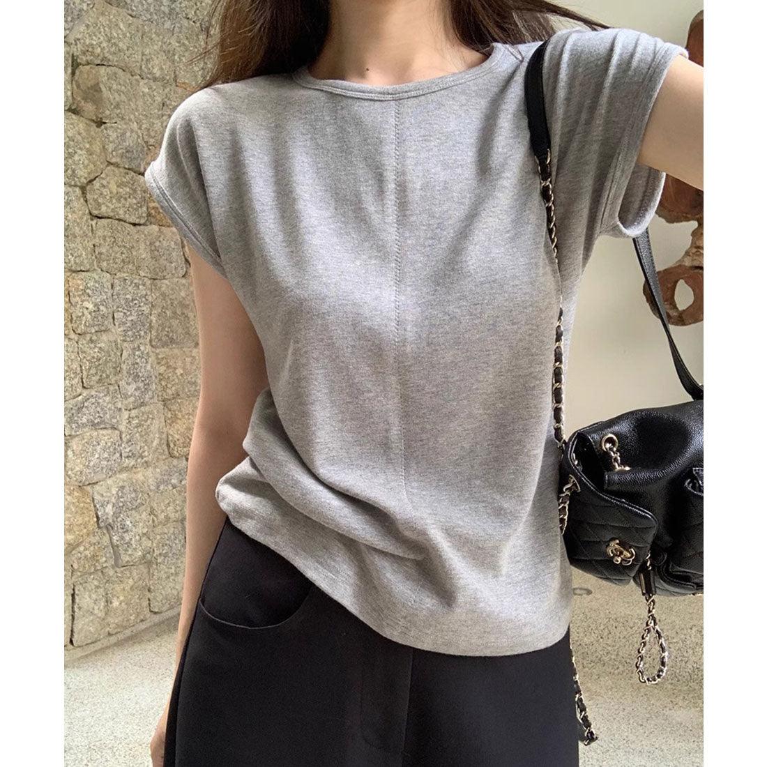 レースレディース Lace Ladies フロント ステッチ クルーネック フレンチスリーブ Tシャツ （グレー） グレー