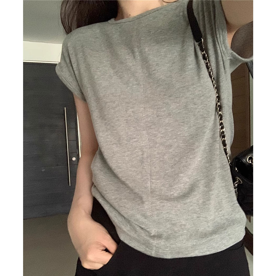 レースレディース Lace Ladies フロント ステッチ クルーネック フレンチスリーブ Tシャツ （グレー） グレー