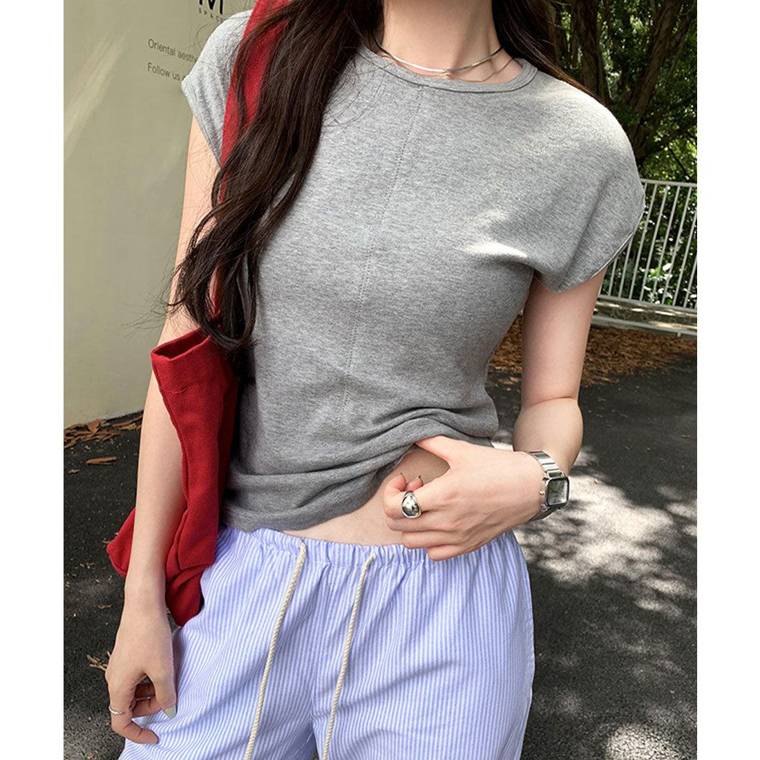 レースレディース Lace Ladies フロント ステッチ クルーネック フレンチスリーブ Tシャツ （グレー） グレー