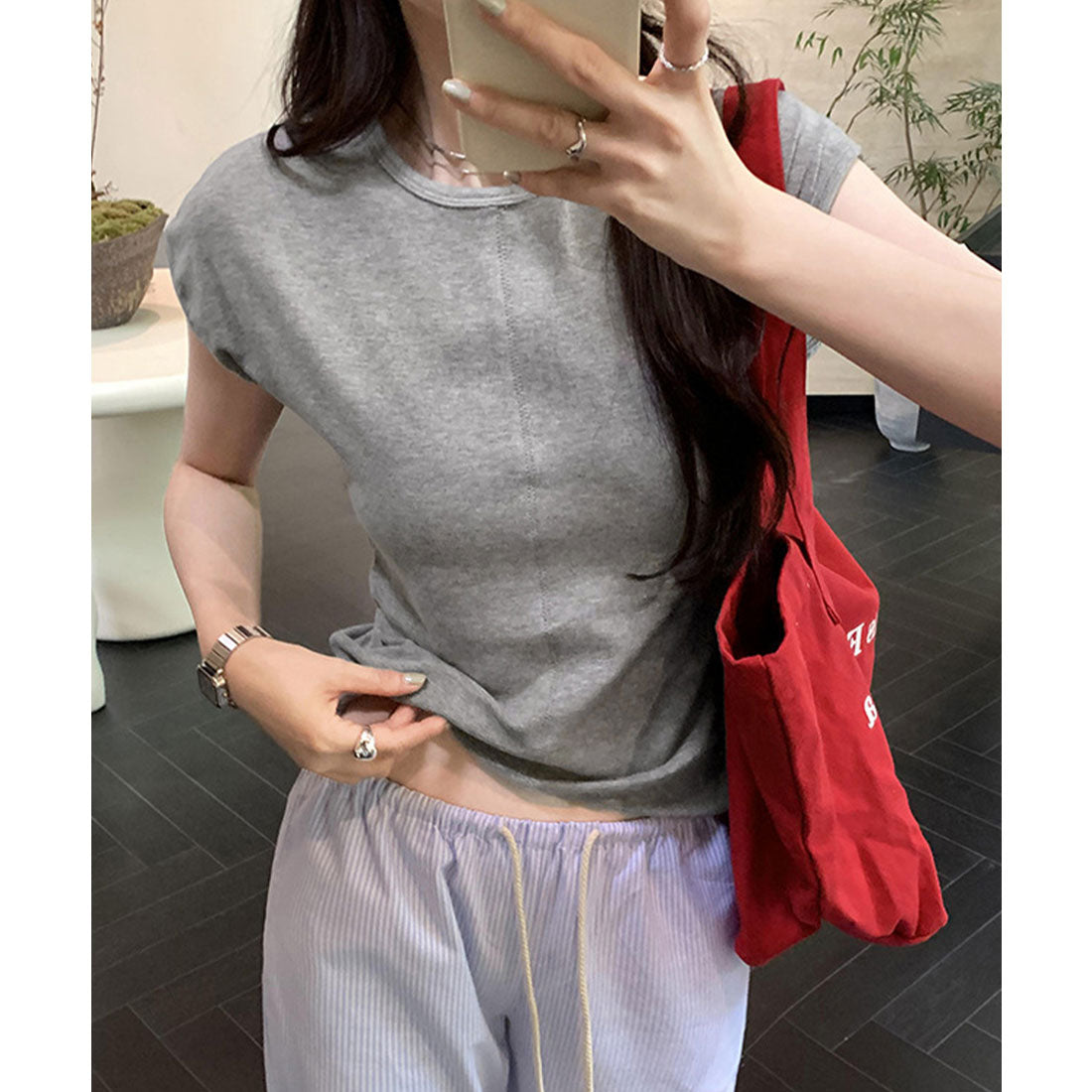 レースレディース Lace Ladies フロント ステッチ クルーネック フレンチスリーブ Tシャツ （グレー） グレー