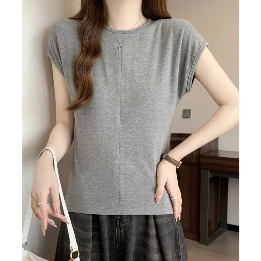 レースレディース Lace Ladies フロント ステッチ クルーネック フレンチスリーブ Tシャツ （グレー） グレー