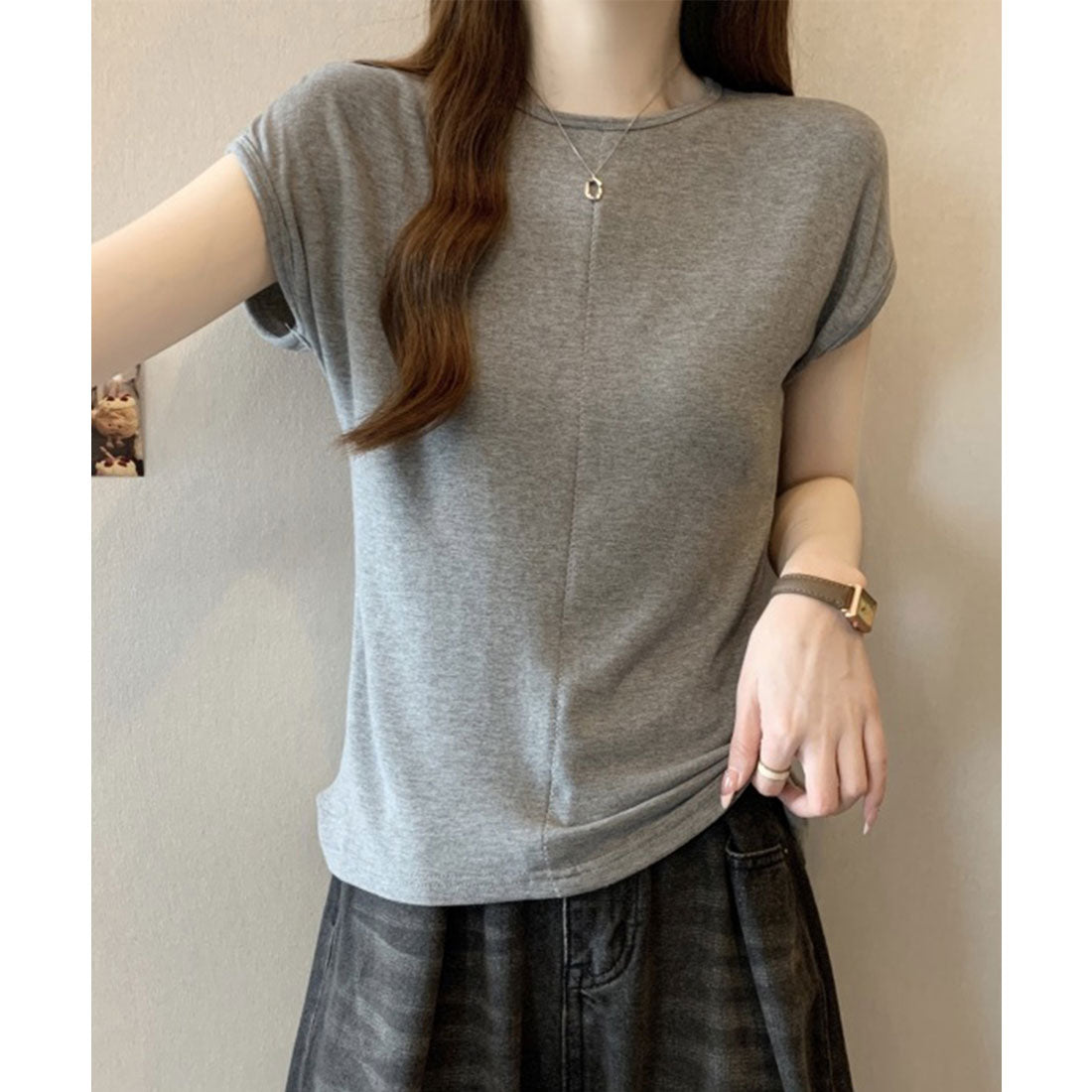 レースレディース Lace Ladies フロント ステッチ クルーネック フレンチスリーブ Tシャツ （グレー） グレー