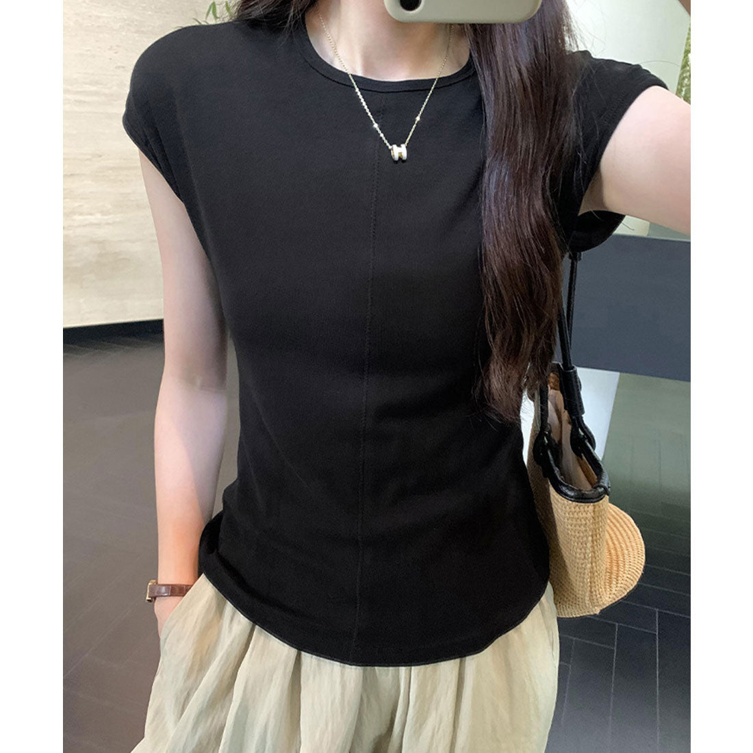 レースレディース Lace Ladies フロント ステッチ クルーネック フレンチスリーブ Tシャツ （ブラック） ブラック