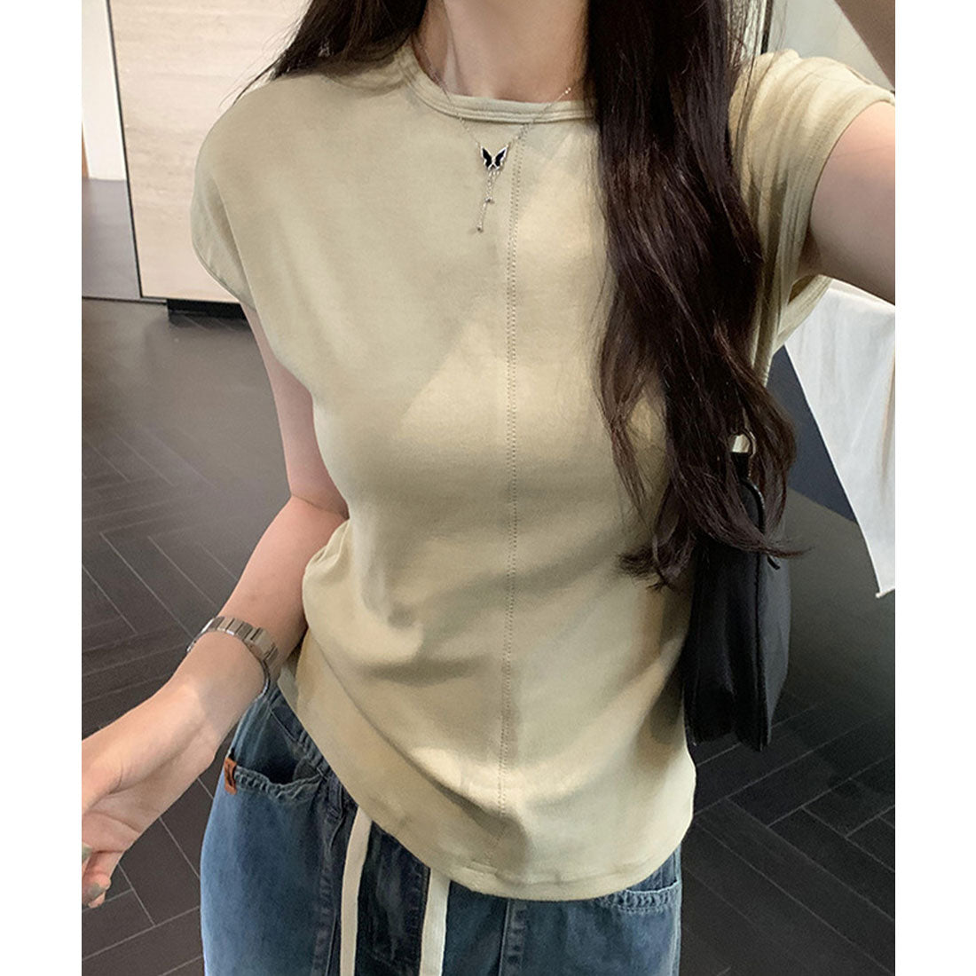 レースレディース Lace Ladies フロント ステッチ クルーネック フレンチスリーブ Tシャツ （グレージュ） グレージュ