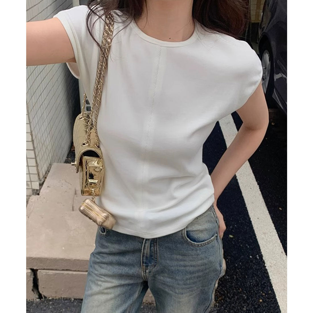 レースレディース Lace Ladies フロント ステッチ クルーネック フレンチスリーブ Tシャツ （ホワイト） ホワイト