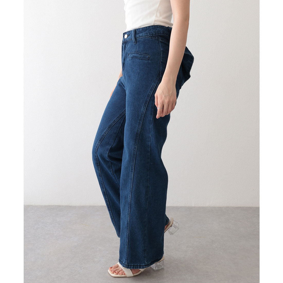 レースレディース Lace Ladies バックリボン ラッフル風 切り替え セミフレア デニムパンツ （ネイビー） ネイビー