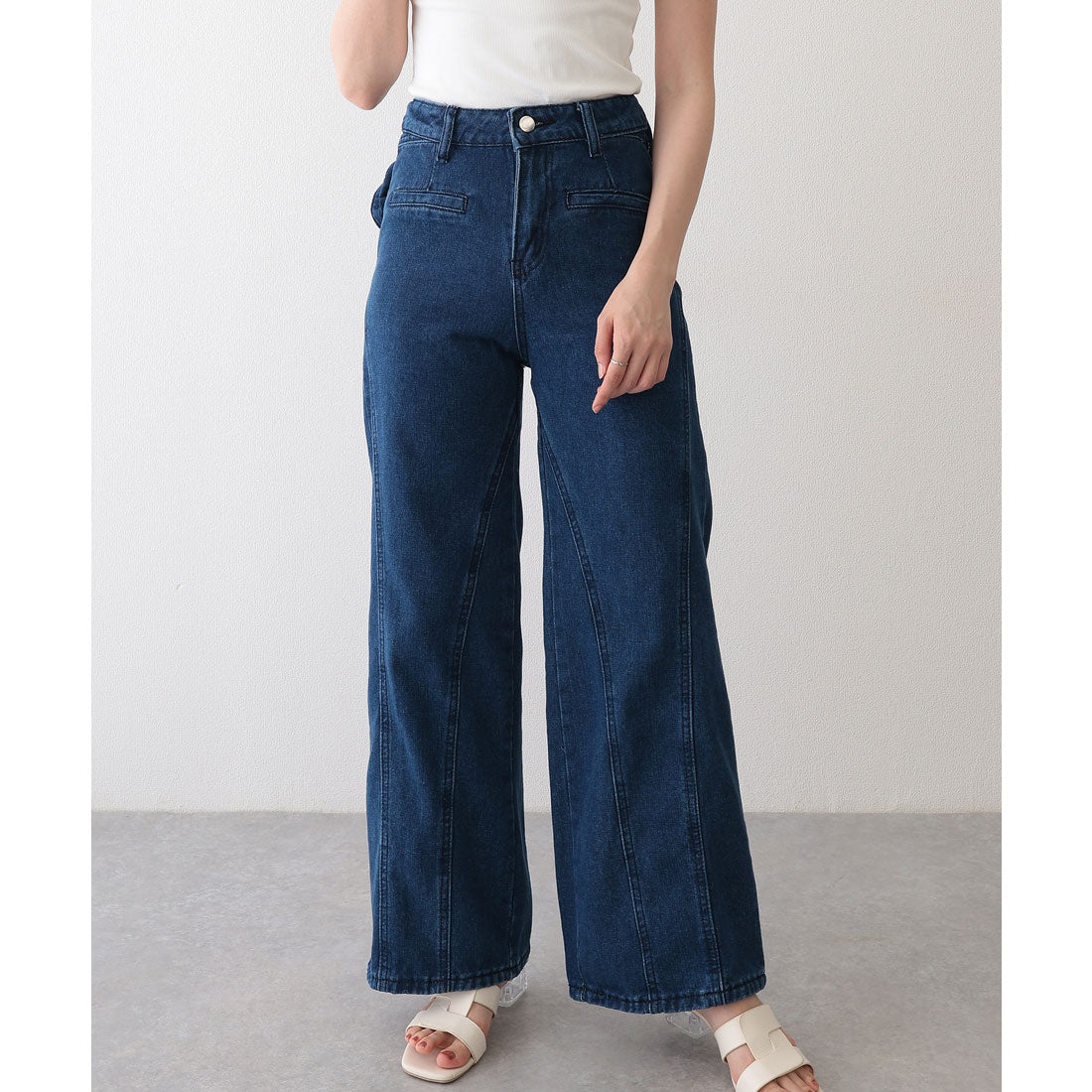 レースレディース Lace Ladies バックリボン ラッフル風 切り替え セミフレア デニムパンツ （ネイビー） ネイビー