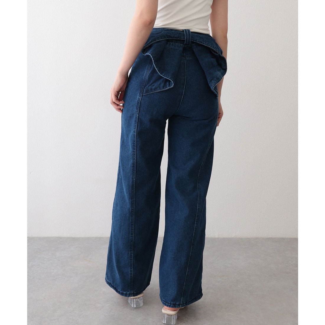 レースレディース Lace Ladies バックリボン ラッフル風 切り替え セミフレア デニムパンツ （ネイビー） ネイビー