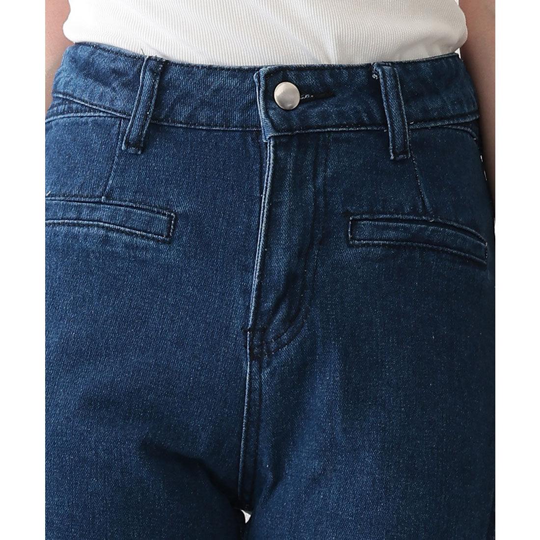 レースレディース Lace Ladies バックリボン ラッフル風 切り替え セミフレア デニムパンツ （ネイビー） ネイビー