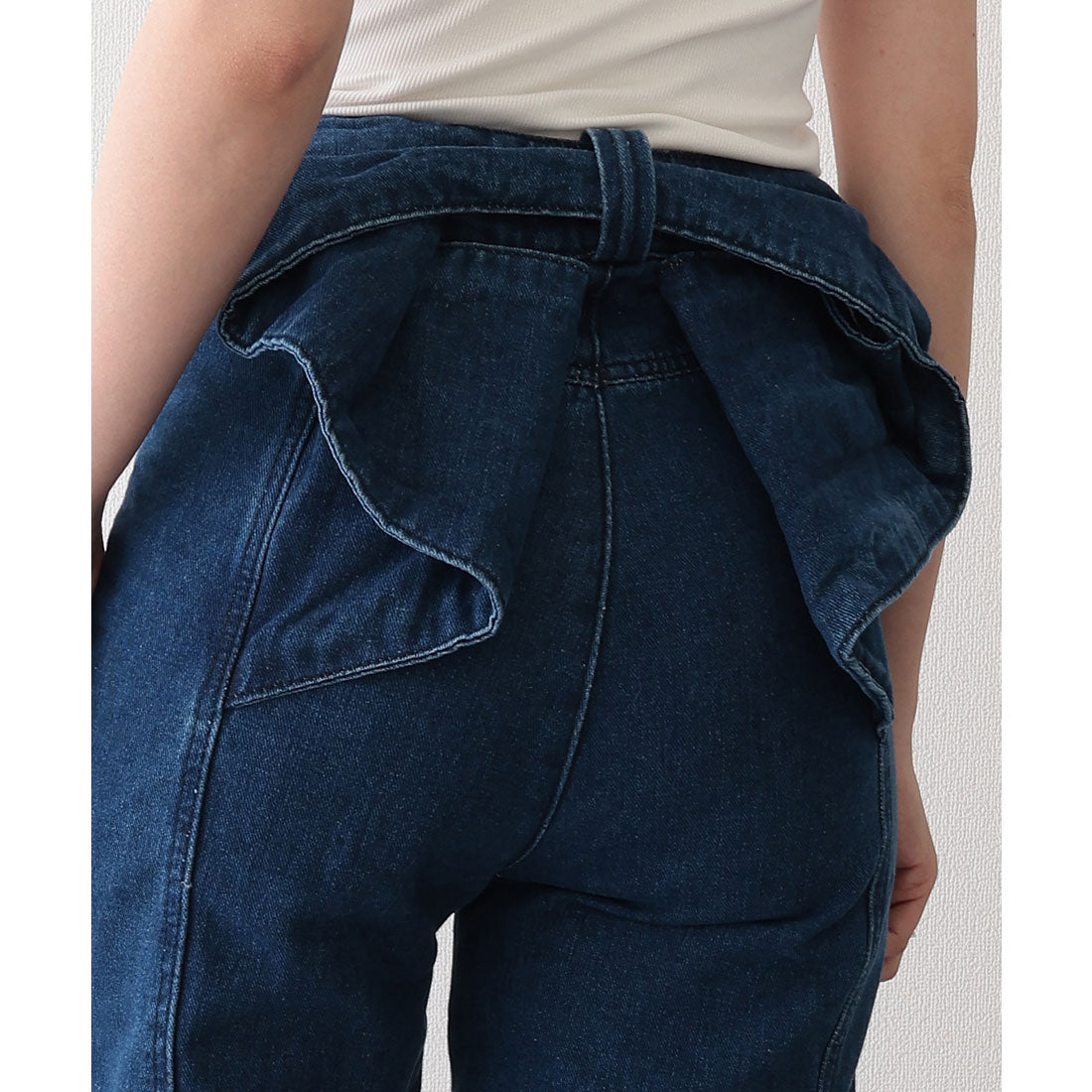 レースレディース Lace Ladies バックリボン ラッフル風 切り替え セミフレア デニムパンツ （ネイビー） ネイビー