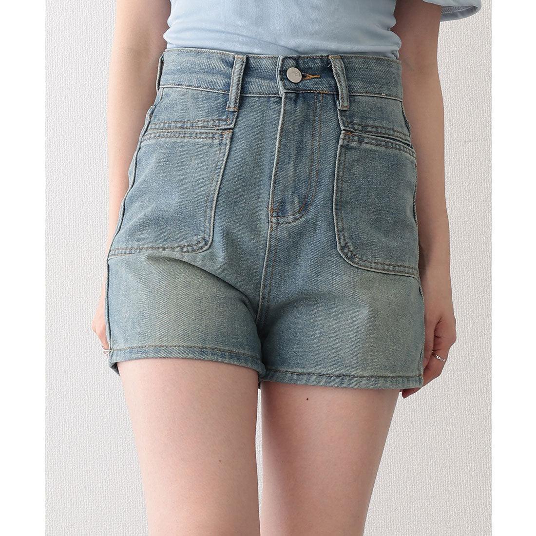 レースレディース Lace Ladies ウォッシュ加工 ハイウエスト フレア デニム ショートパンツ （ブルー） ブルー