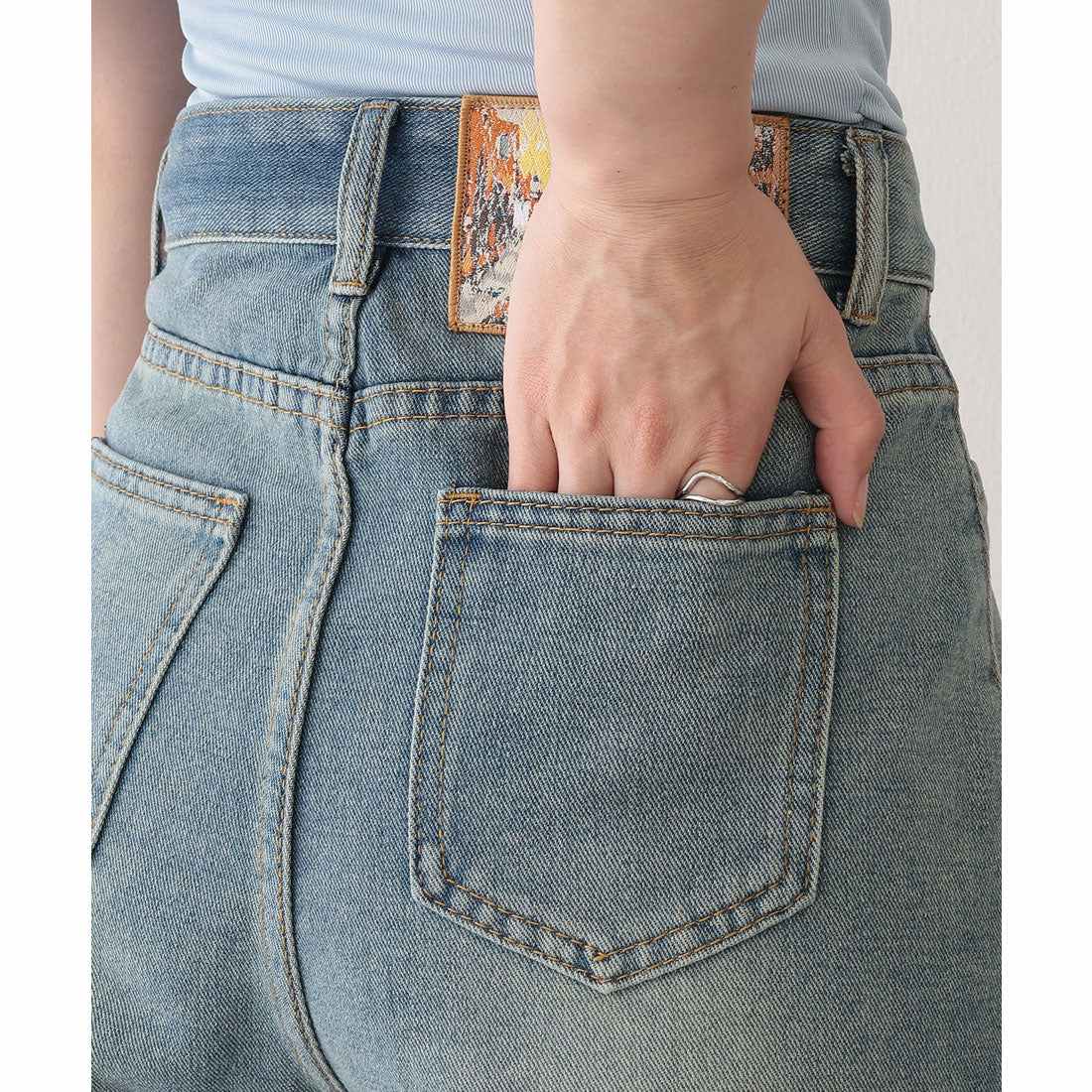 レースレディース Lace Ladies ウォッシュ加工 ハイウエスト フレア デニム ショートパンツ （ブルー） ブルー