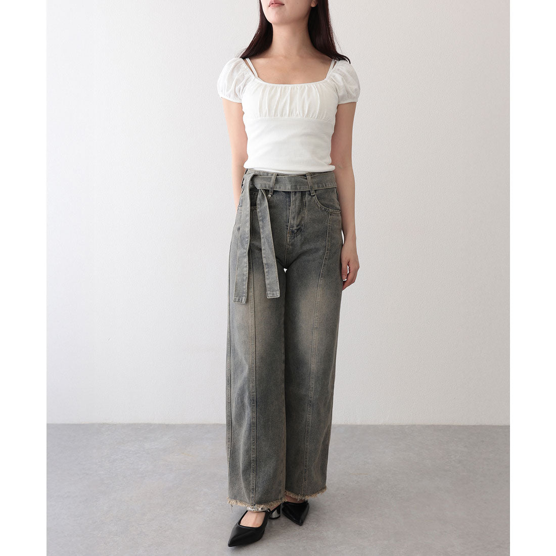 レースレディース Lace Ladies ヴィンテージ風 ベルト付き ハイウエスト ワイド デニムパンツ （ネイビー） ネイビー