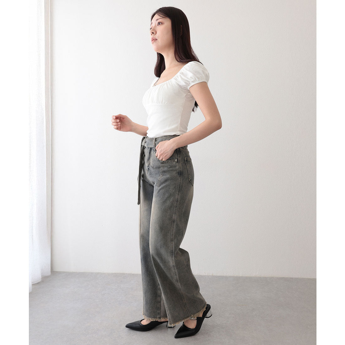 レースレディース Lace Ladies ヴィンテージ風 ベルト付き ハイウエスト ワイド デニムパンツ （ネイビー） ネイビー
