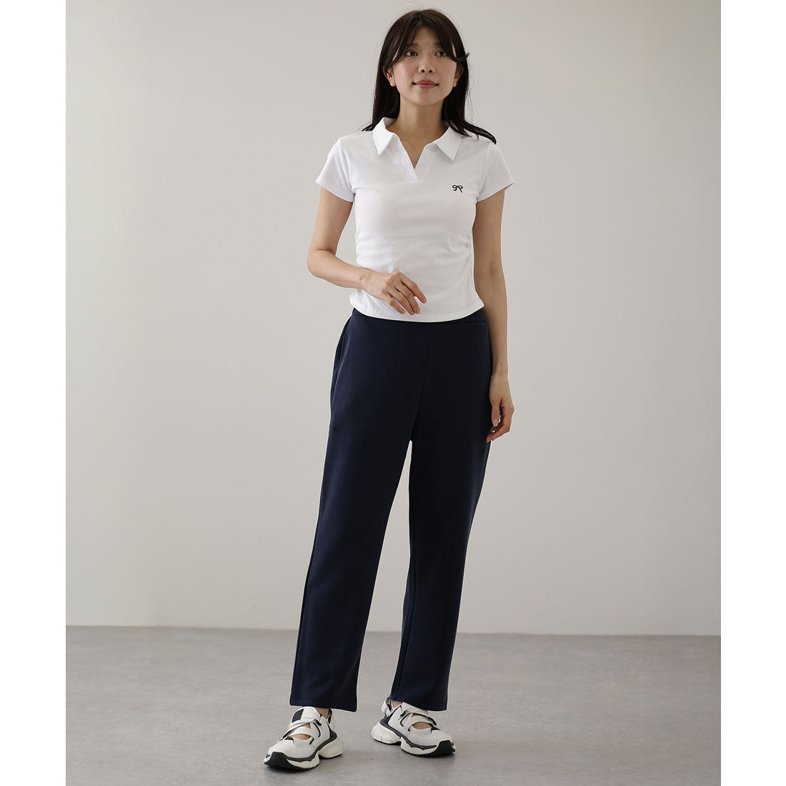 レースレディース Lace Ladies 選べるサイズ レングス ソリッドカラー セミワイド ストレート イージー パンツ （ネイビー） ネイビー