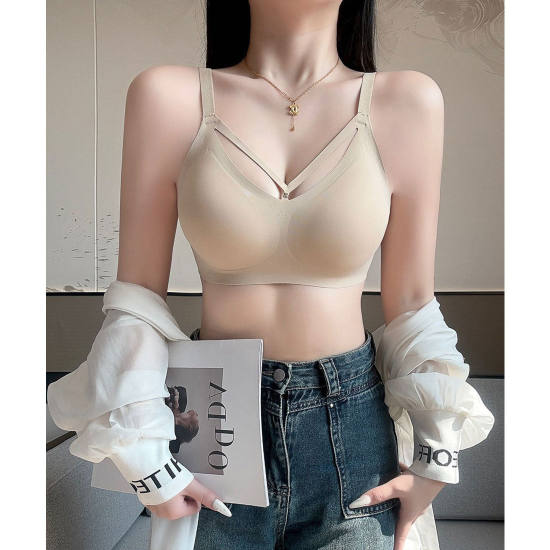 レースレディース Lace Ladies ソリッドカラー カットアウト風 ノンワイヤー シームレス ブラ （ベージュ） ベージュ