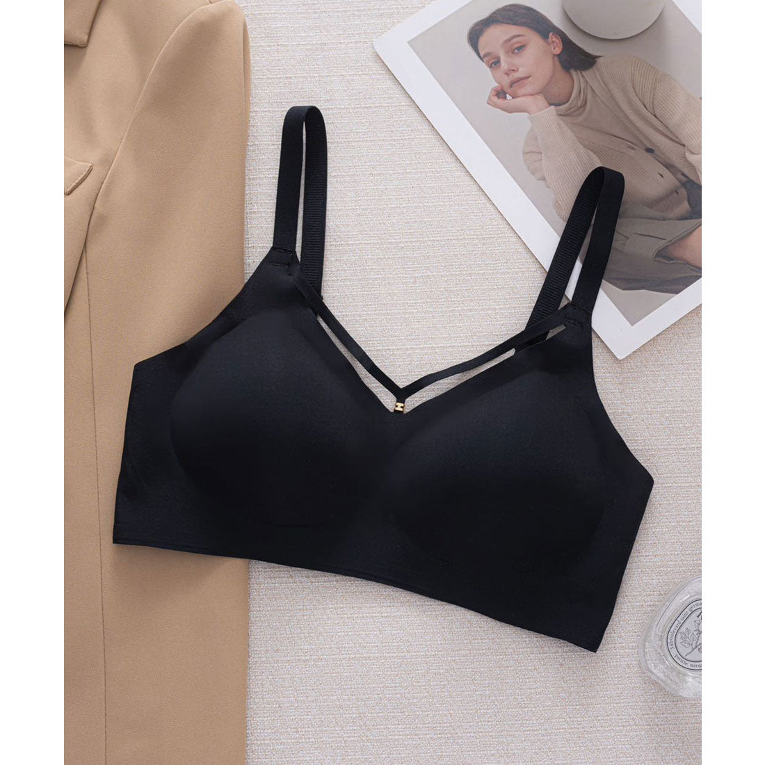 レースレディース Lace Ladies ソリッドカラー カットアウト風 ノンワイヤー シームレス ブラ （ベージュ） ベージュ