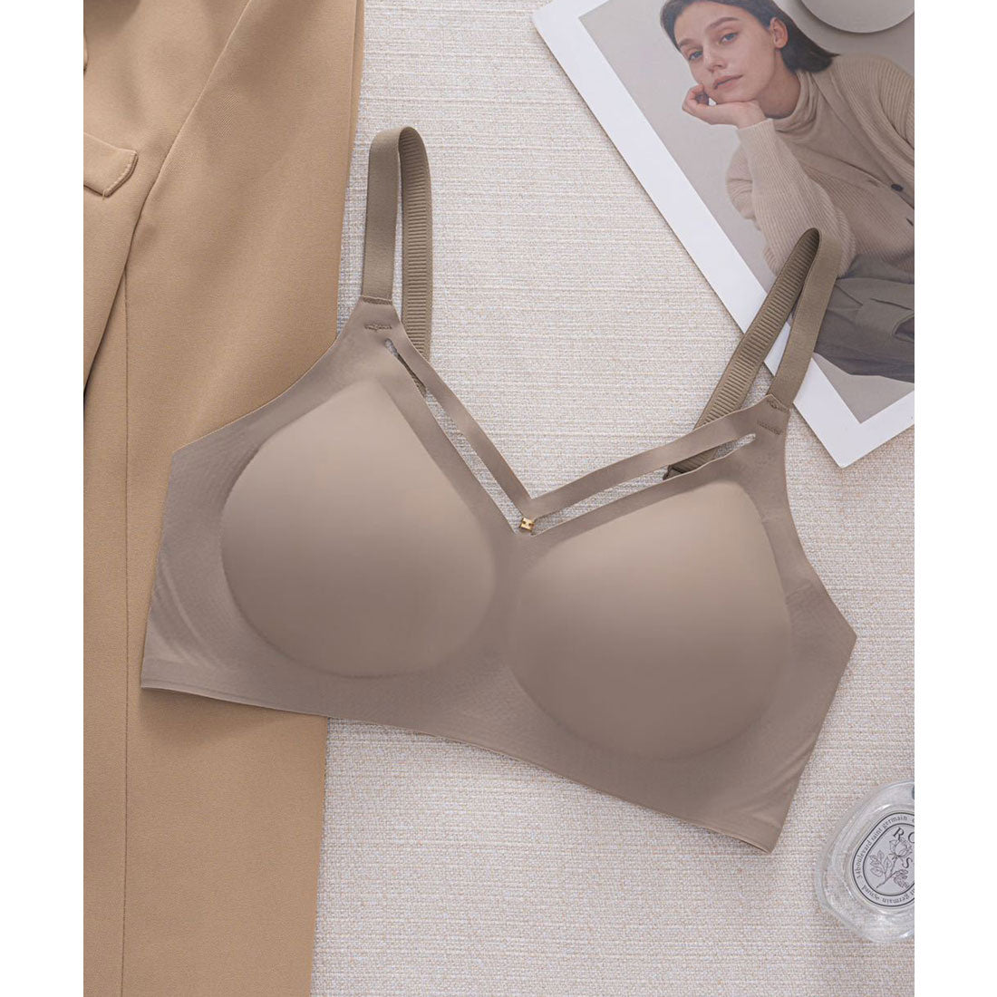 レースレディース Lace Ladies ソリッドカラー カットアウト風 ノンワイヤー シームレス ブラ （ベージュ） ベージュ