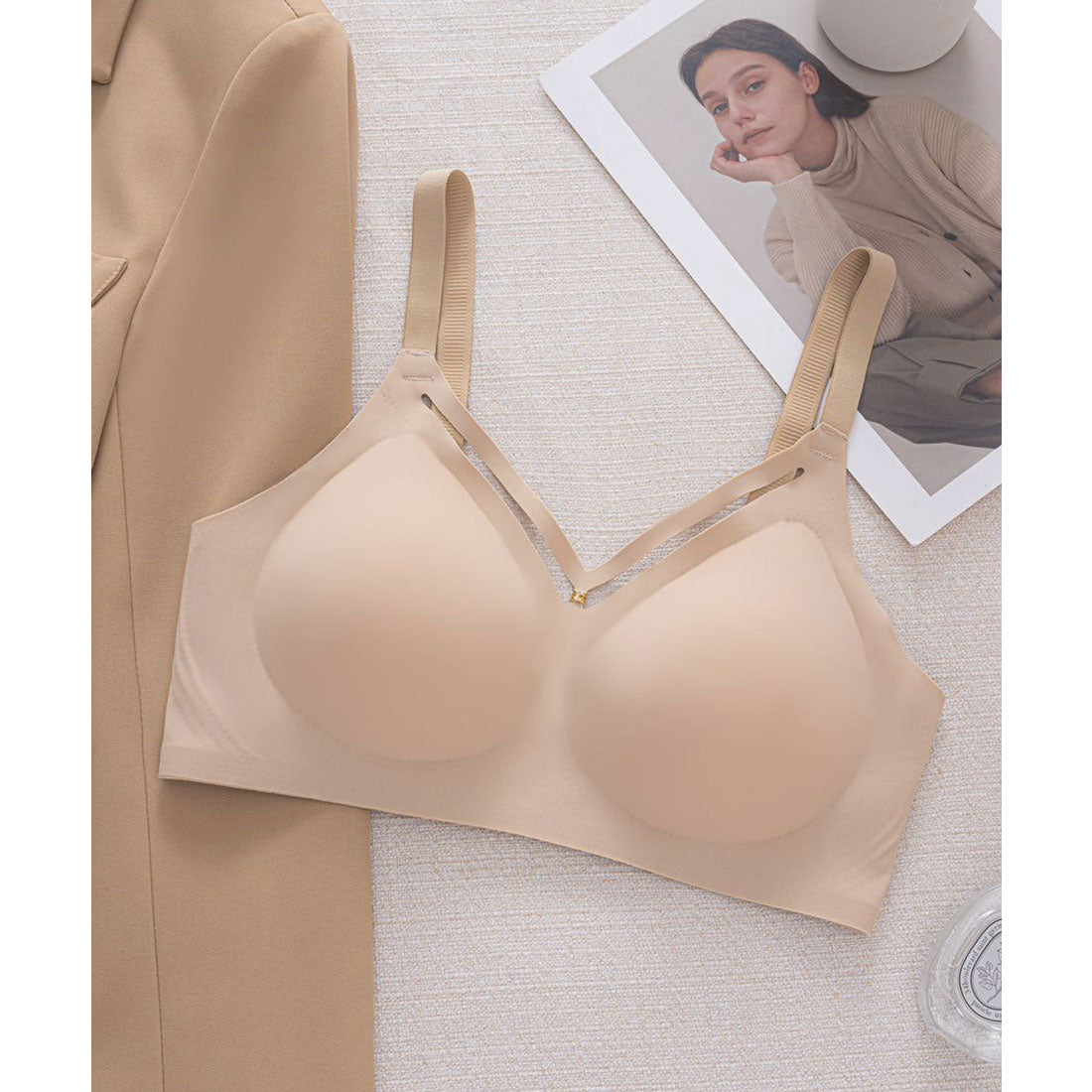 レースレディース Lace Ladies ソリッドカラー カットアウト風 ノンワイヤー シームレス ブラ （ベージュ） ベージュ