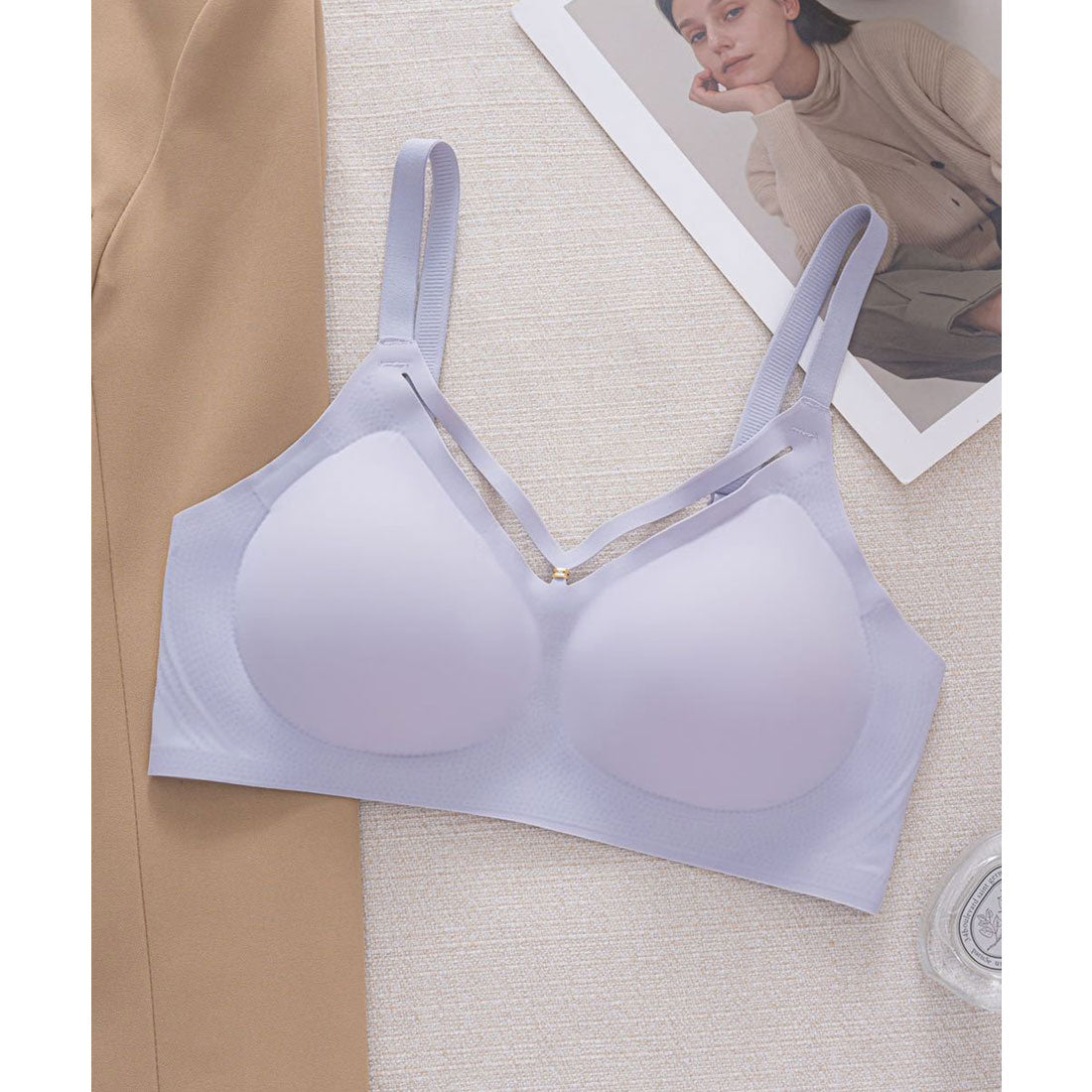 レースレディース Lace Ladies ソリッドカラー カットアウト風 ノンワイヤー シームレス ブラ （ベージュ） ベージュ