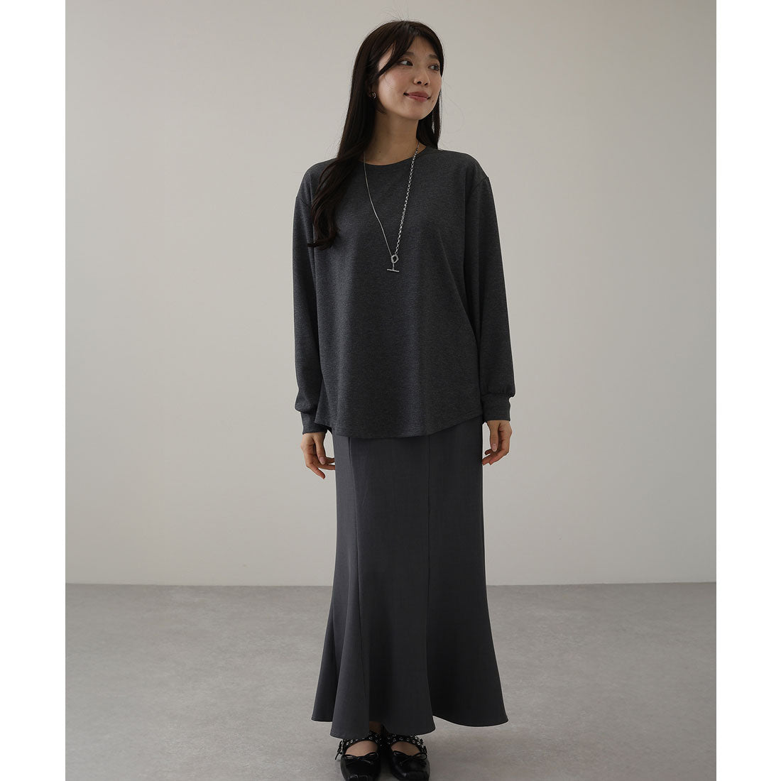 レースレディース Lace Ladies クルーネック オーバーサイズ ベーシック 長袖 カットソー （ダークグレー） ダークグレー