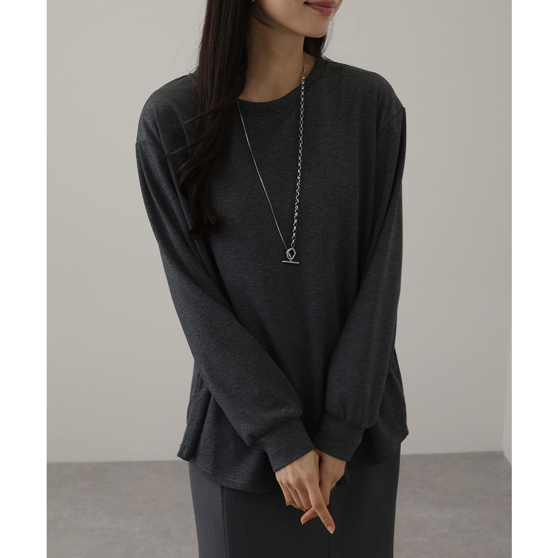 レースレディース Lace Ladies クルーネック オーバーサイズ ベーシック 長袖 カットソー （ダークグレー） ダークグレー