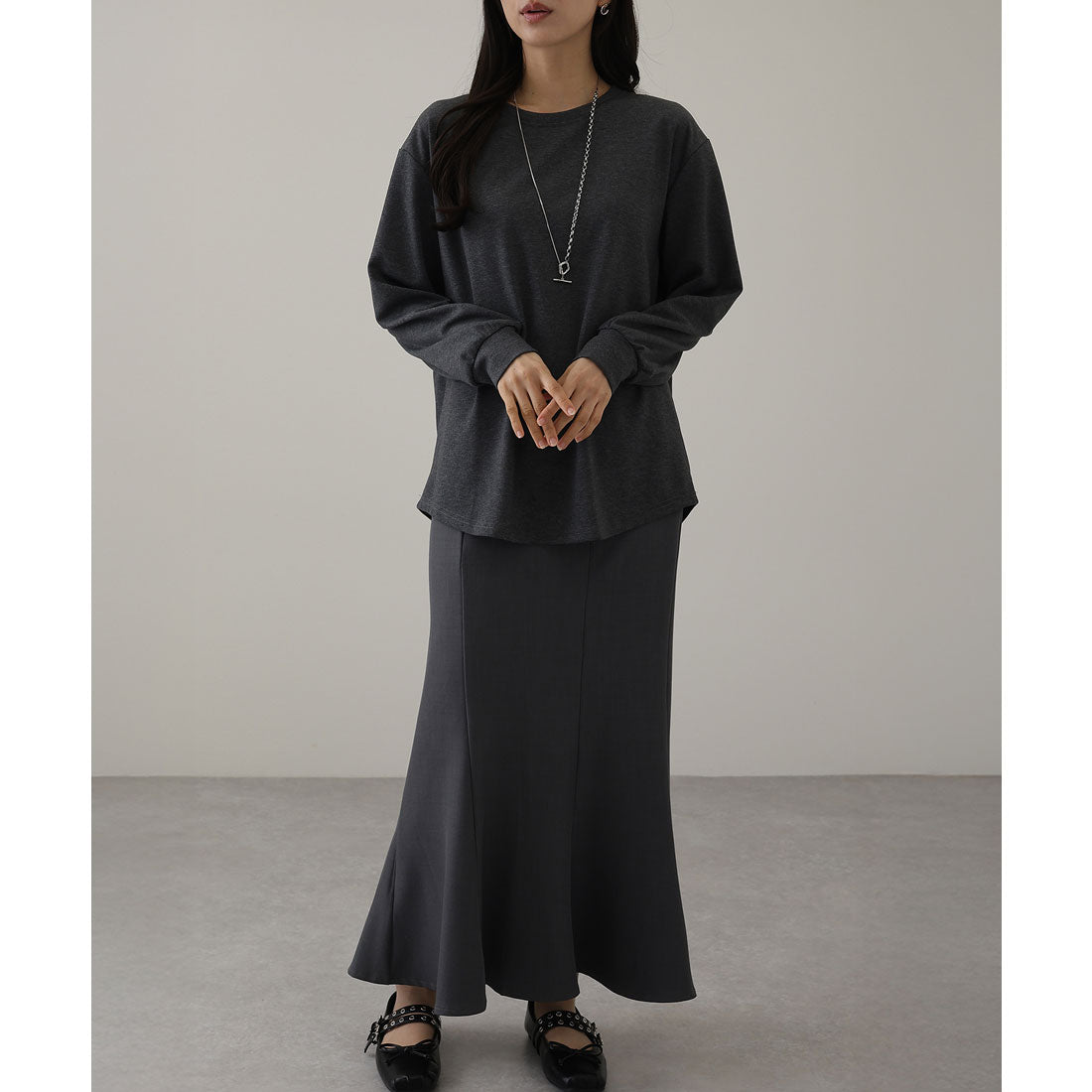 レースレディース Lace Ladies クルーネック オーバーサイズ ベーシック 長袖 カットソー （ダークグレー） ダークグレー