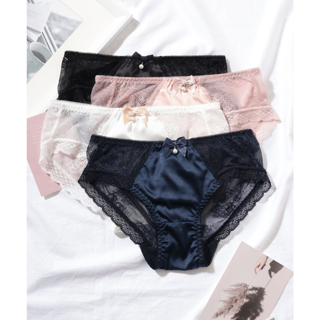 レースレディース Lace Ladies 【4枚セット】パール リボン レース ドッキング ショーツ【返品不可商品】 （4枚セット） 4枚セット