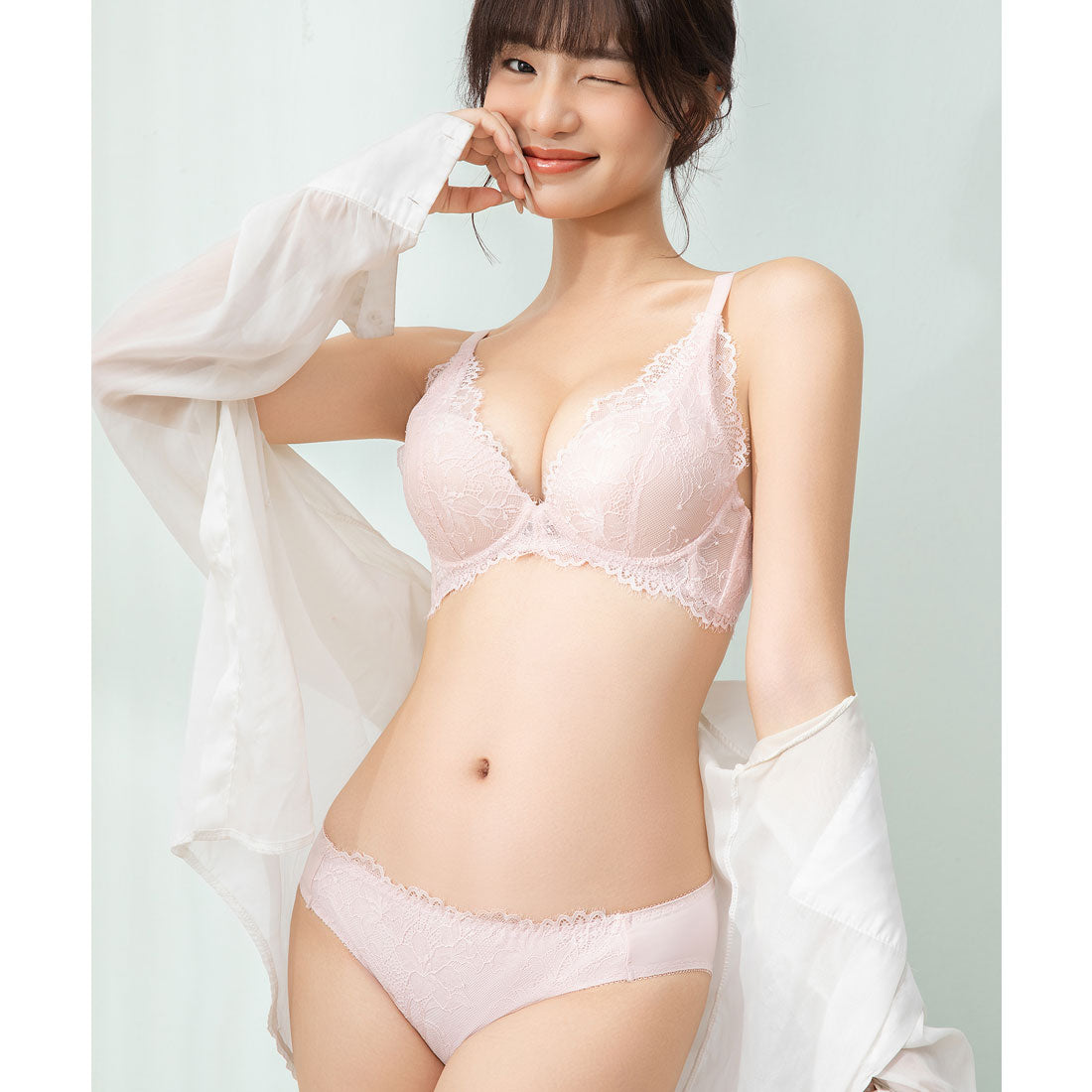 レースレディース Lace Ladies 【2点セット】Vカット スカラップ レース ブラ&ショーツ セット【返品不可商品】 （ピンク） ピンク