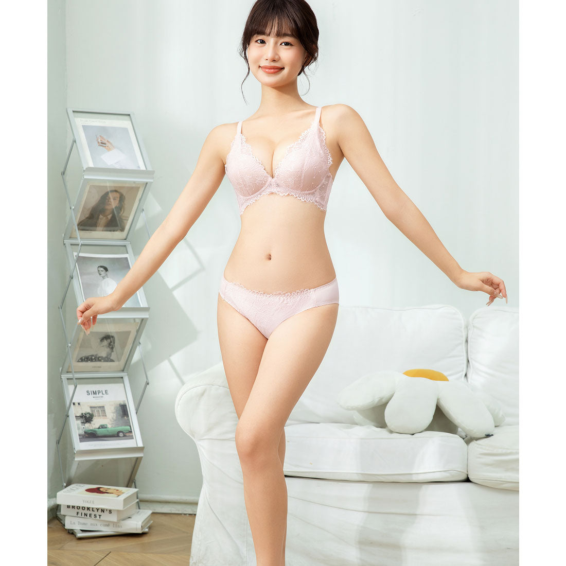 レースレディース Lace Ladies 【2点セット】Vカット スカラップ レース ブラ&ショーツ セット【返品不可商品】 （ピンク） ピンク