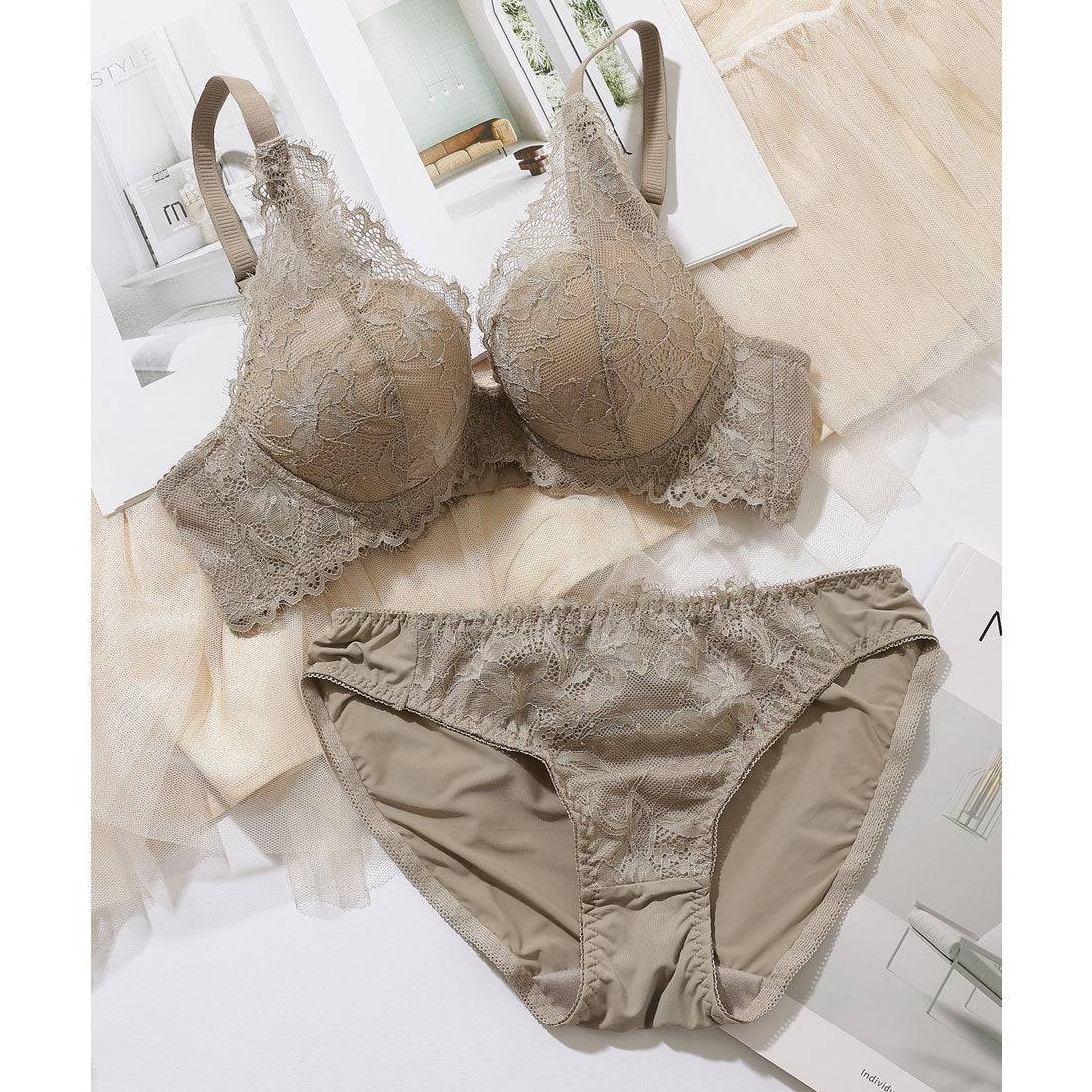 レースレディース Lace Ladies 【2点セット】Vカット スカラップ レース ブラ&ショーツ セット【返品不可商品】 （ピンク） ピンク