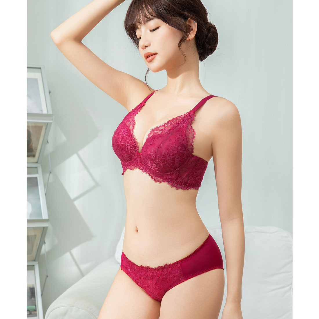 レースレディース Lace Ladies 【2点セット】Vカット スカラップ レース ブラ&ショーツ セット【返品不可商品】 （ワインレッド） ワインレッド