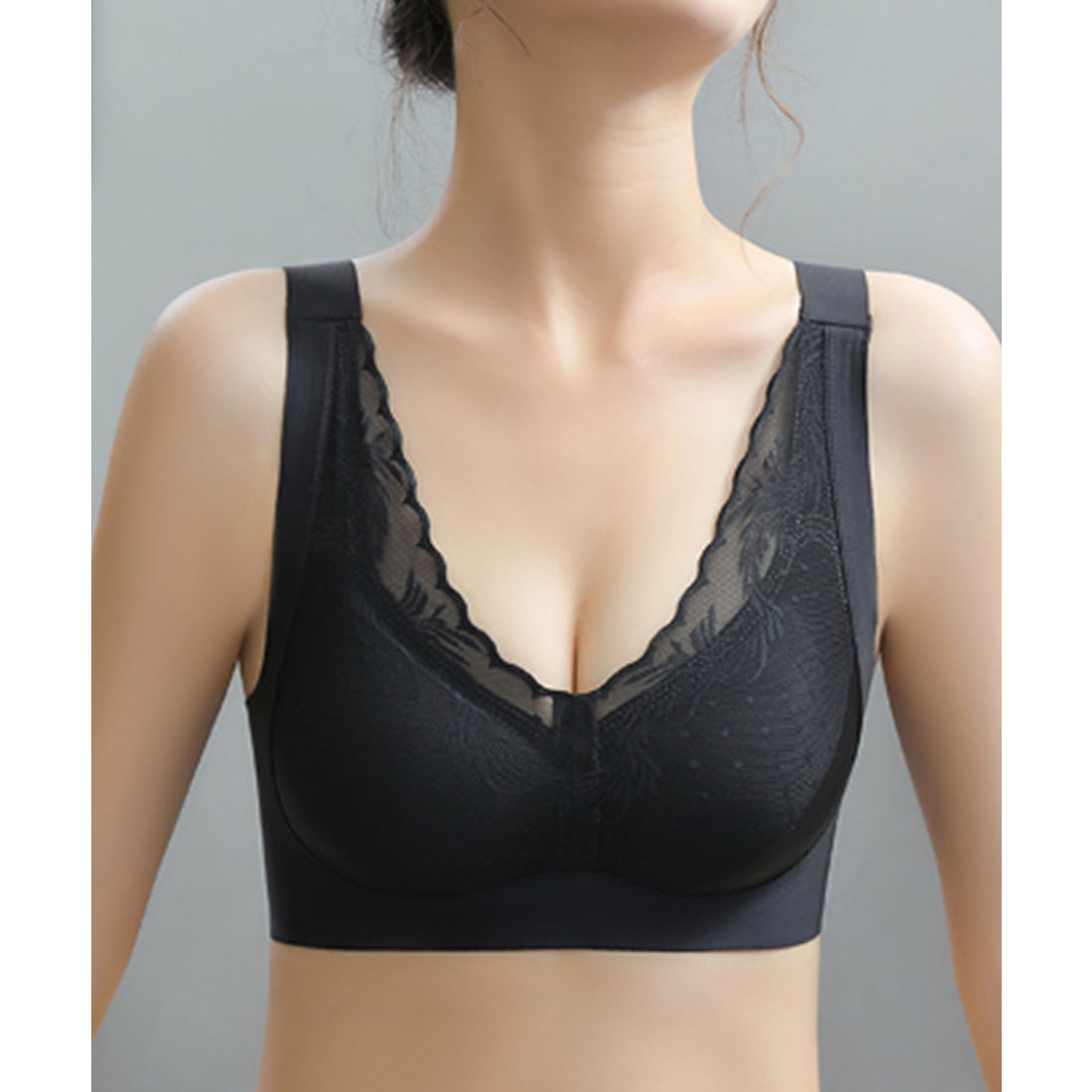 レースレディース Lace Ladies ソリッドカラー ドット チュール ドッキング ノンワイヤー ブラ （ブラック） ブラック
