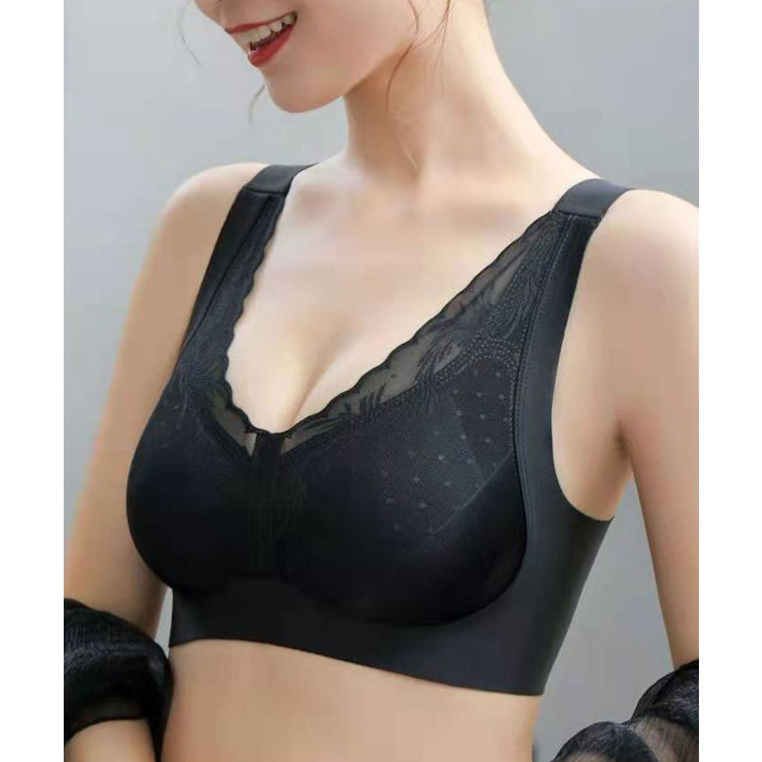 レースレディース Lace Ladies ソリッドカラー ドット チュール ドッキング ノンワイヤー ブラ （ブラック） ブラック