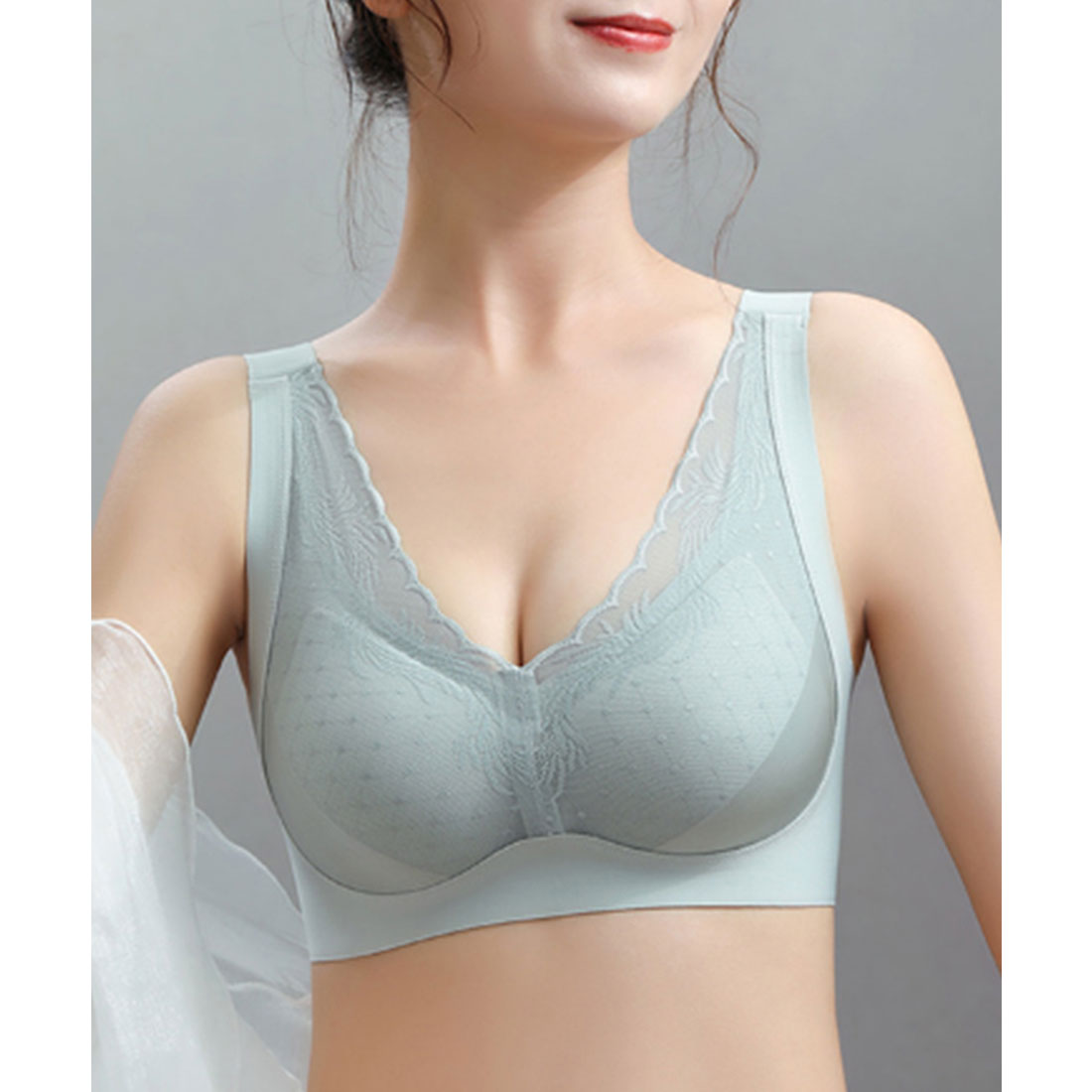 レースレディース Lace Ladies ソリッドカラー ドット チュール ドッキング ノンワイヤー ブラ （グリーン） グリーン