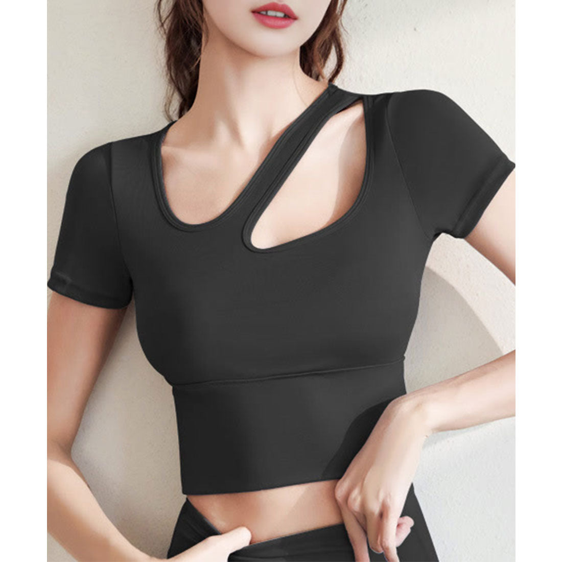 レースレディース Lace Ladies ラウンドネック アシンメトリー 半袖 ヨガ トップス （ブラック） ブラック