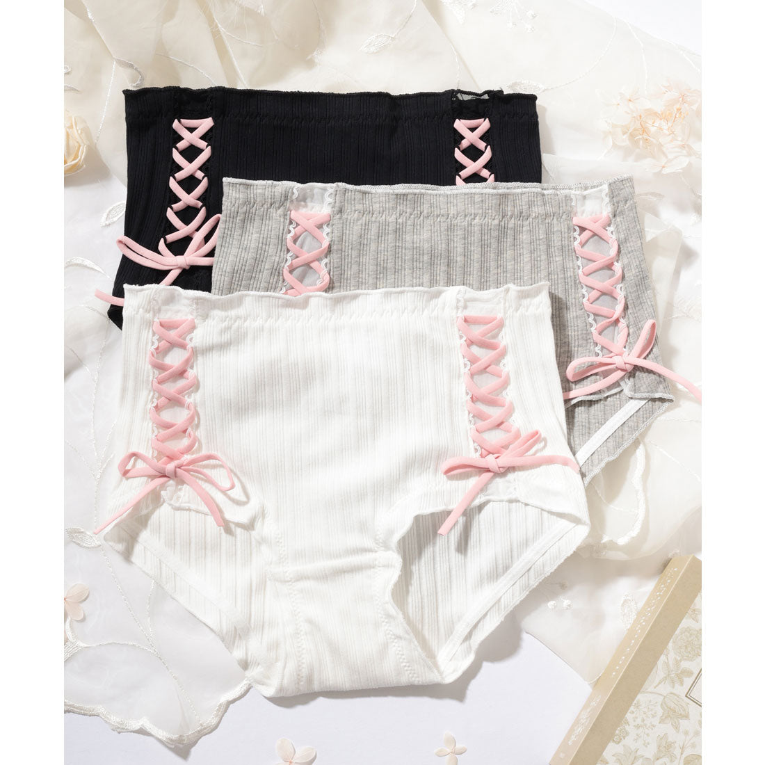 レースレディース Lace Ladies 【3枚セット】サイド レースアップ ミドル ショーツ （3枚セット） 3枚セット