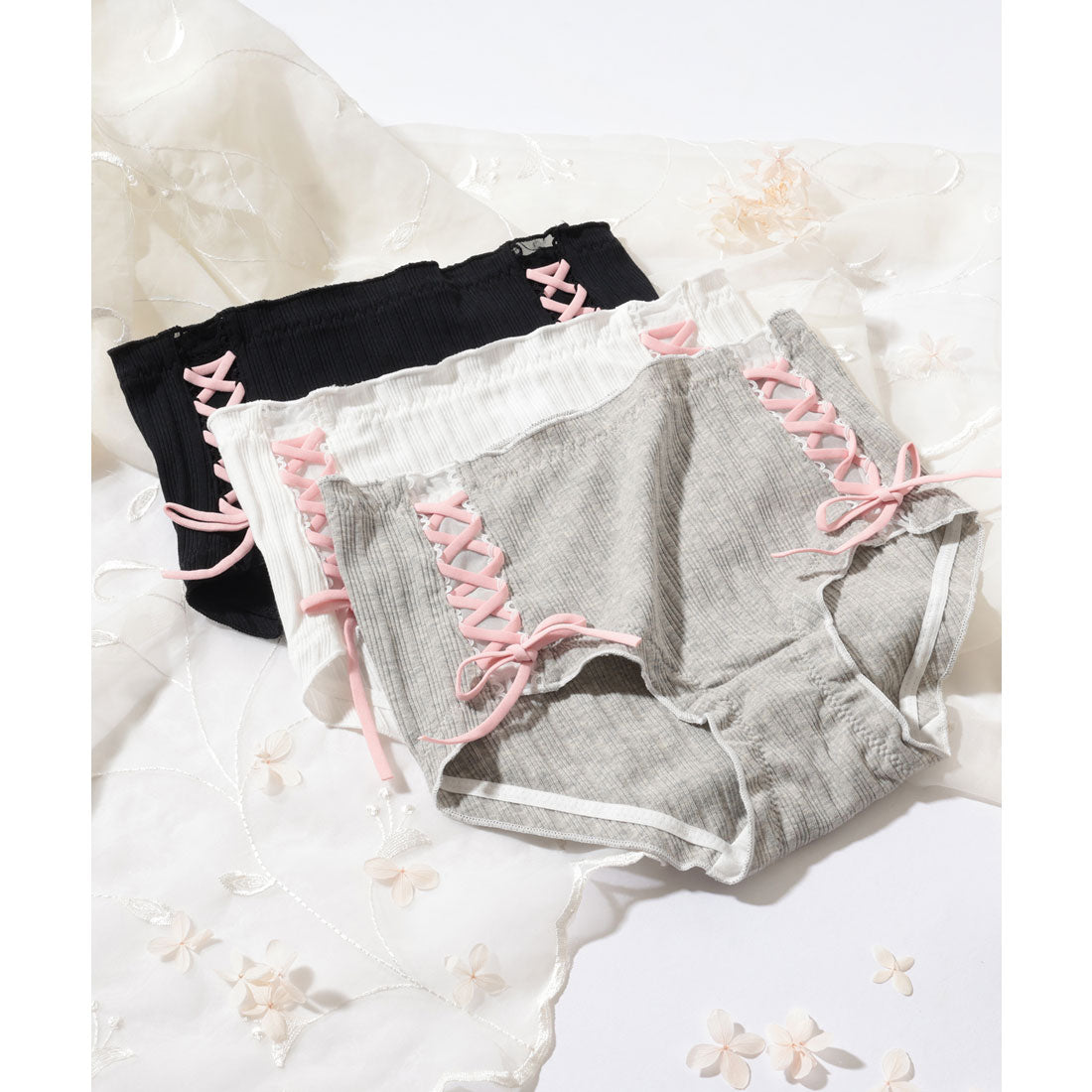 レースレディース Lace Ladies 【3枚セット】サイド レースアップ ミドル ショーツ （3枚セット） 3枚セット