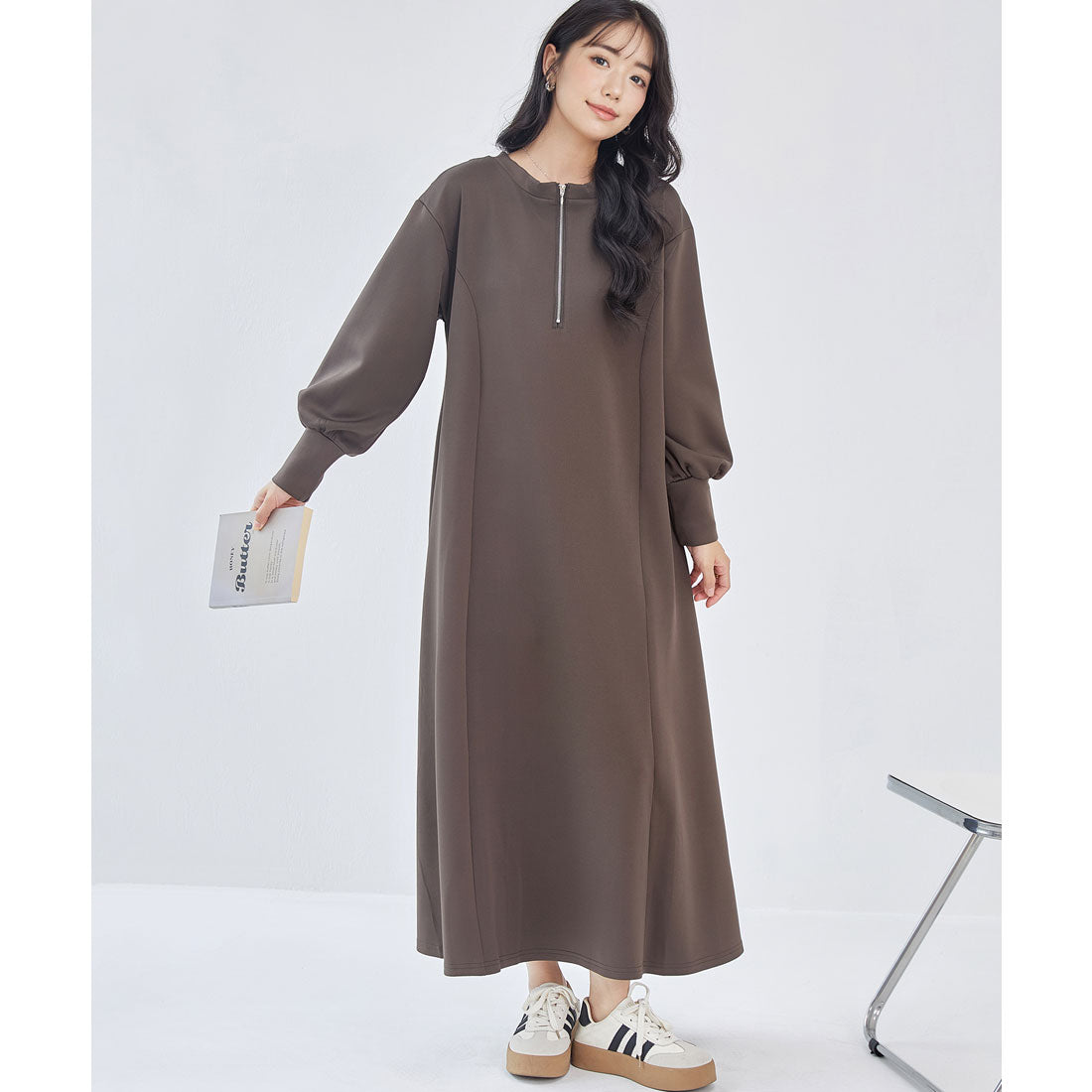 レースレディース Lace Ladies 2WAY ハーフジップ 長袖 マキシ ワンピース （ブラウン） ブラウン