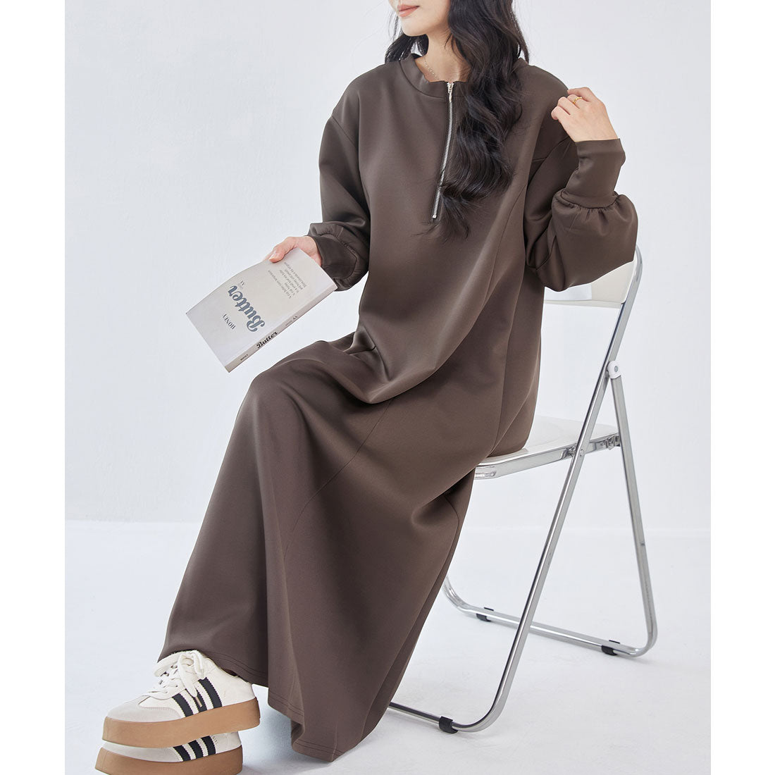 レースレディース Lace Ladies 2WAY ハーフジップ 長袖 マキシ ワンピース （ブラウン） ブラウン